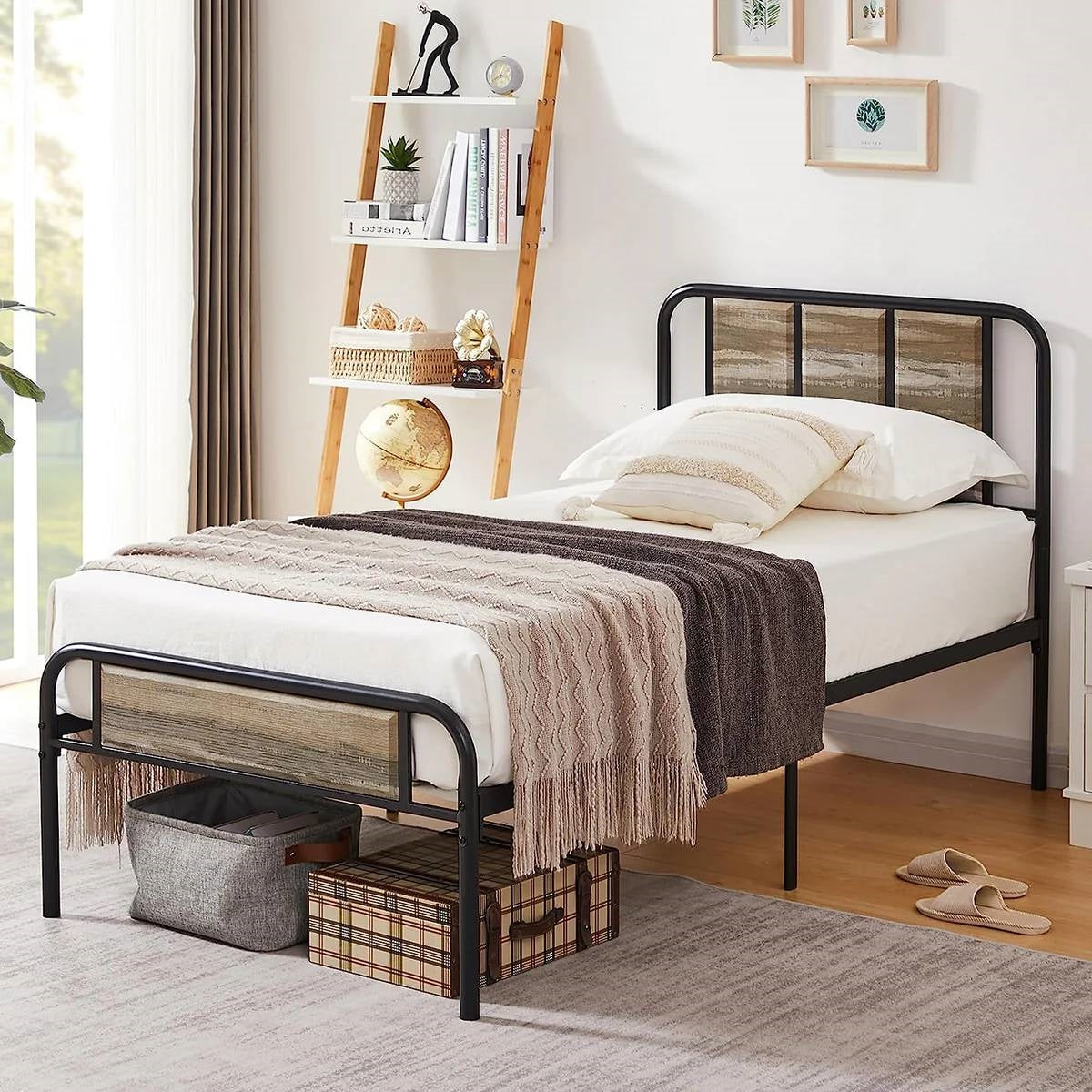 Twin Grey Wood Metal Platform Bed Frame with Rounded Headboard Footboard-0