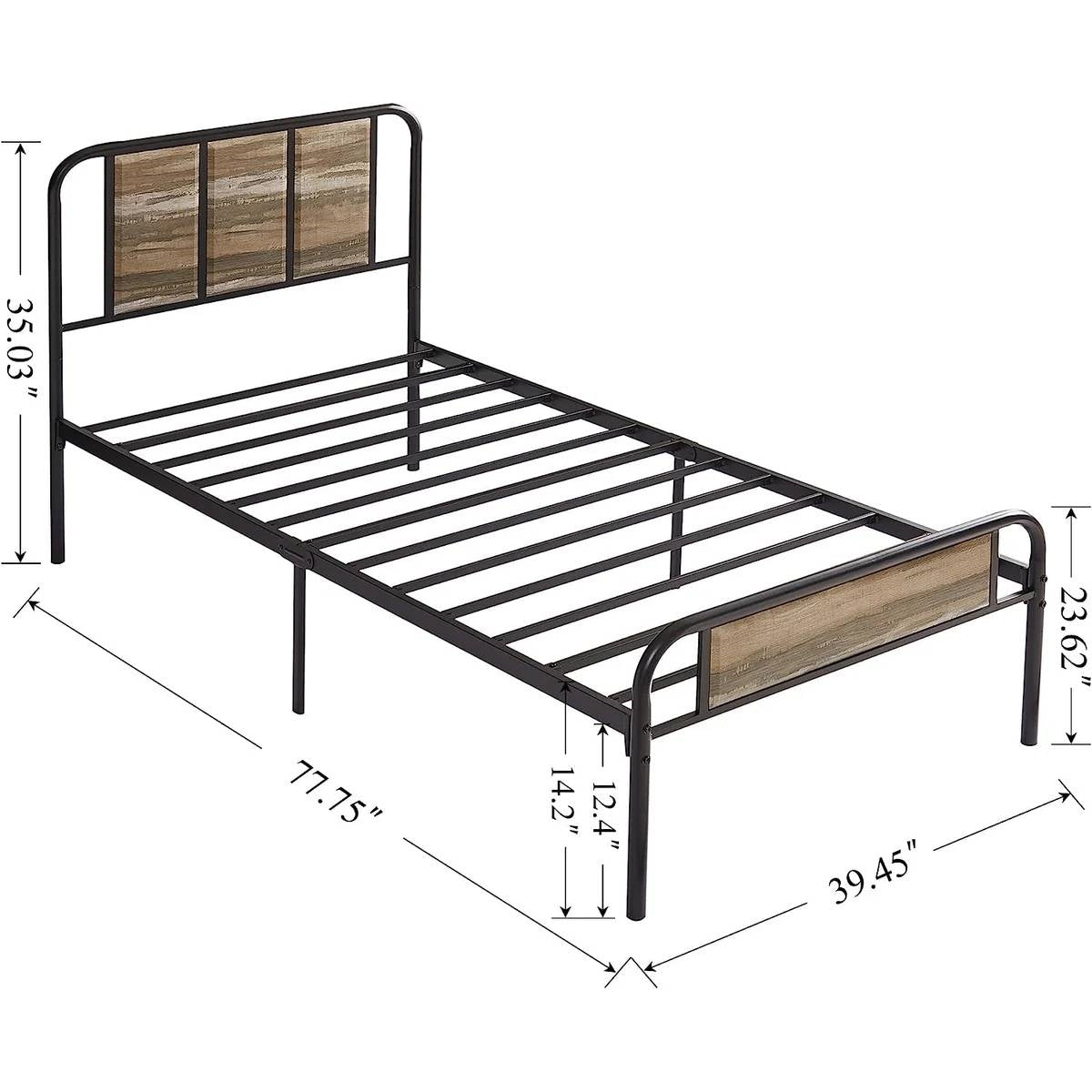 Twin Grey Wood Metal Platform Bed Frame with Rounded Headboard Footboard-4