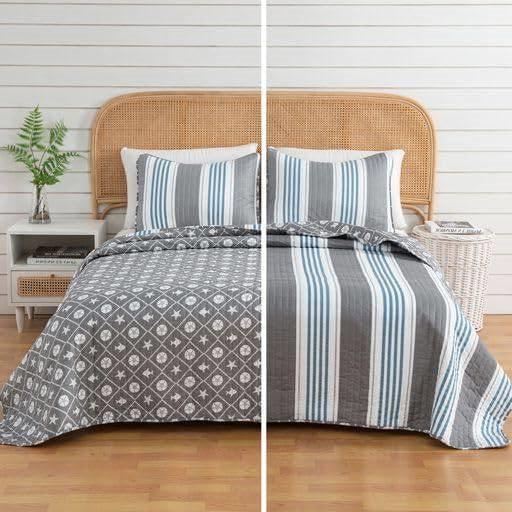 Twin 2 Piece Coastal Starfish Sand Dollar Grey Blue White Nautical Quilt Set - PRHOMZ