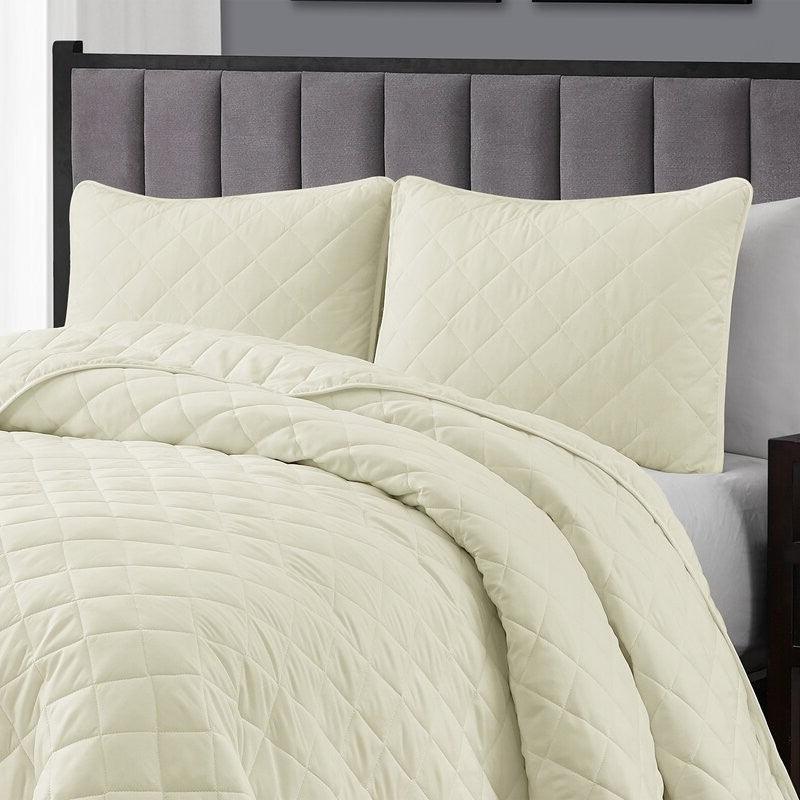 Twin/Twin XL 2-Piece Ivory Microfiber Reversible Diamond Quilt Set - PRHOMZ