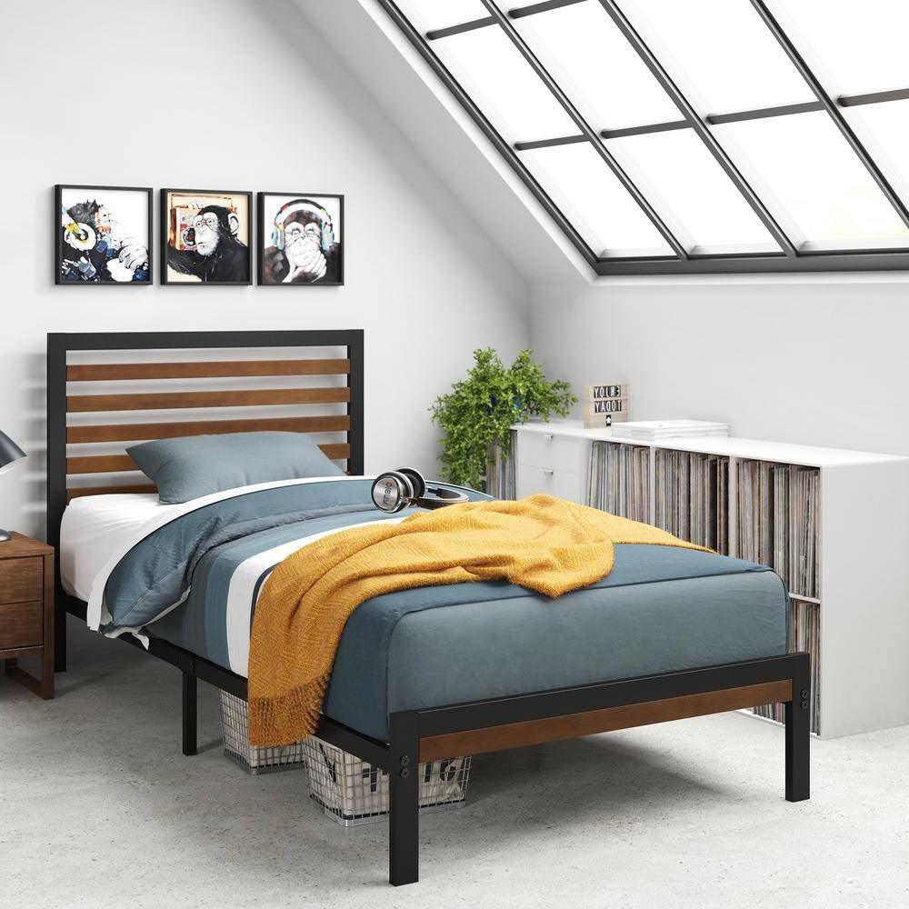 Twin Student Dorm Black Metal Platform Bed Frame with Brown Wood Slat Headboard - PRHOMZ