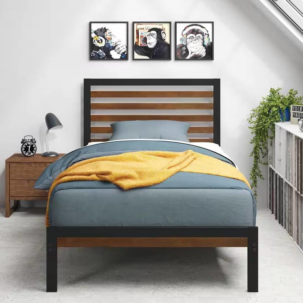 Twin Student Dorm Black Metal Platform Bed Frame with Brown Wood Slat Headboard - PRHOMZ