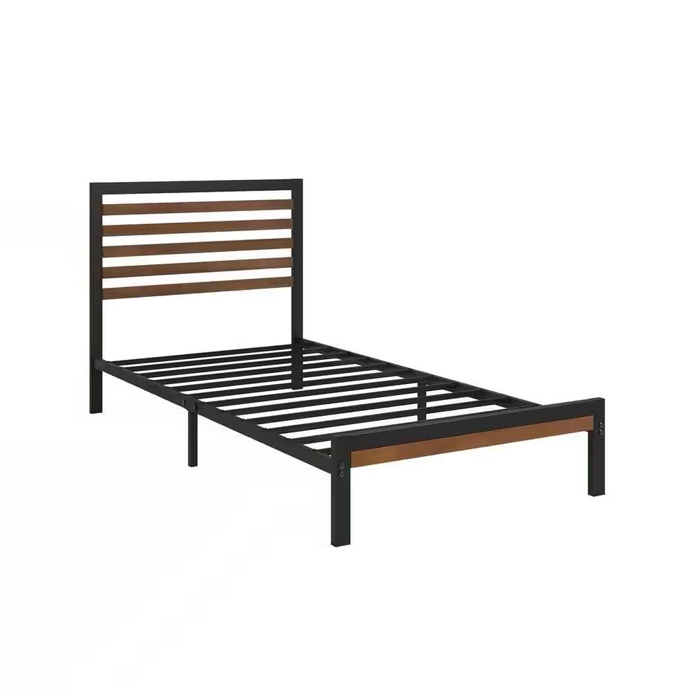 Twin Student Dorm Black Metal Platform Bed Frame with Brown Wood Slat Headboard - PRHOMZ