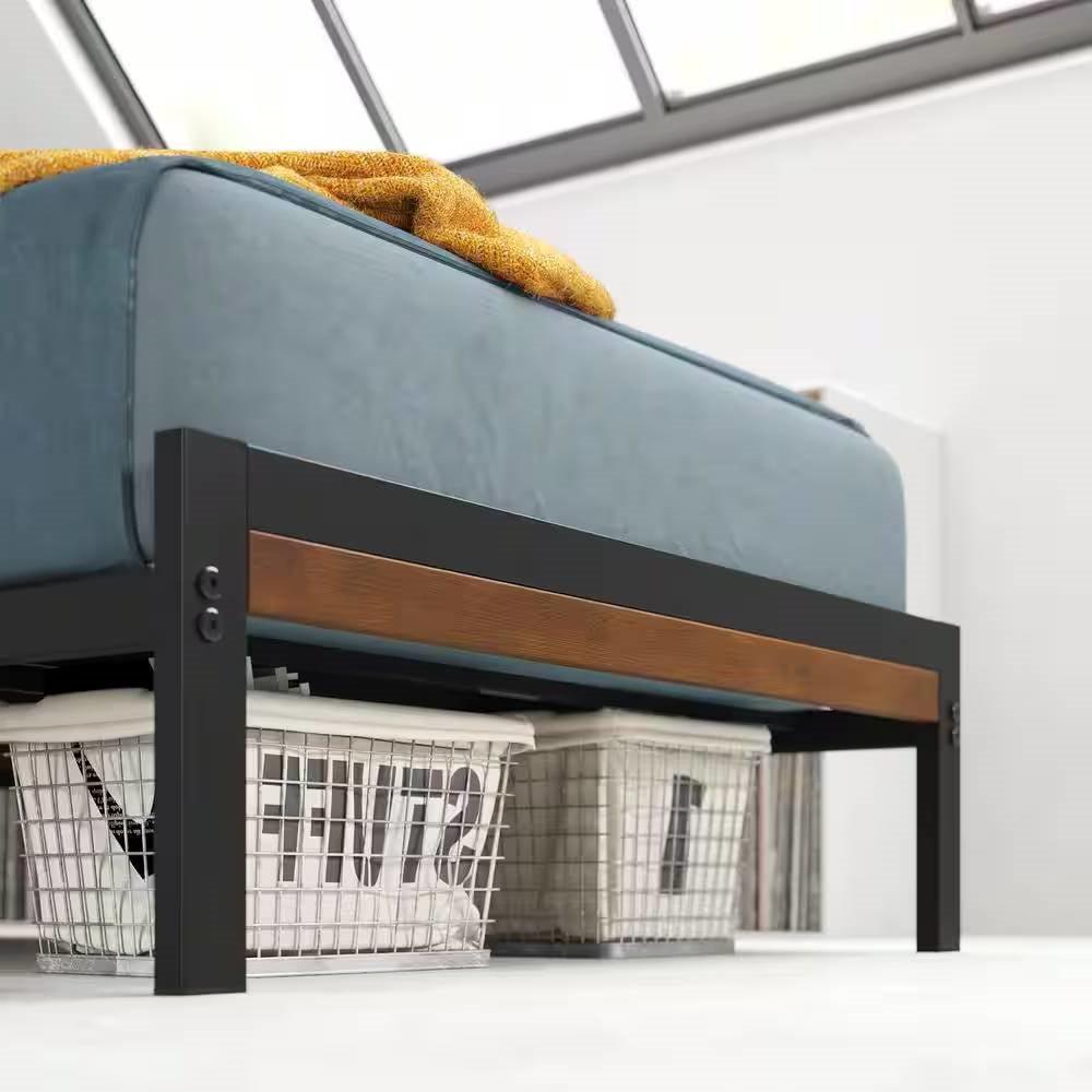 Twin Student Dorm Black Metal Platform Bed Frame with Brown Wood Slat Headboard - PRHOMZ