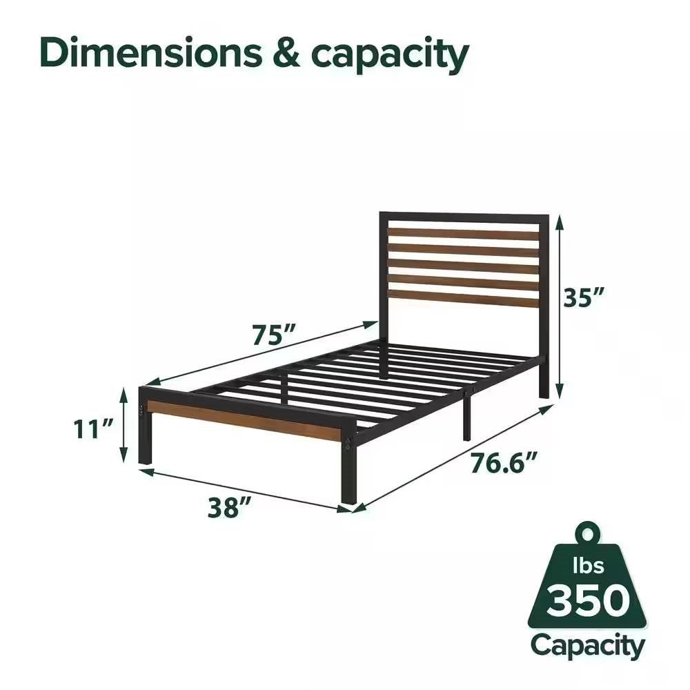 Twin Student Dorm Black Metal Platform Bed Frame with Brown Wood Slat Headboard - PRHOMZ