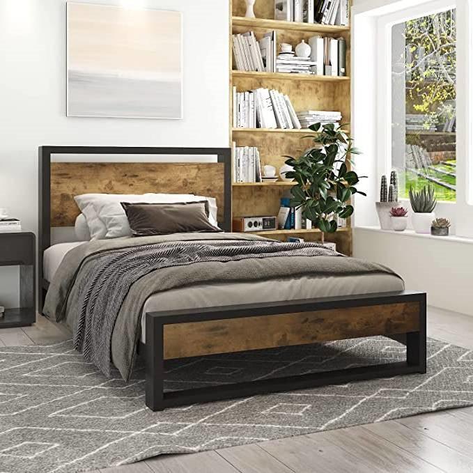 Twin Modern Farmhouse Platform Bed Frame with Wood Panel Headboard Footboard - PRHOMZ