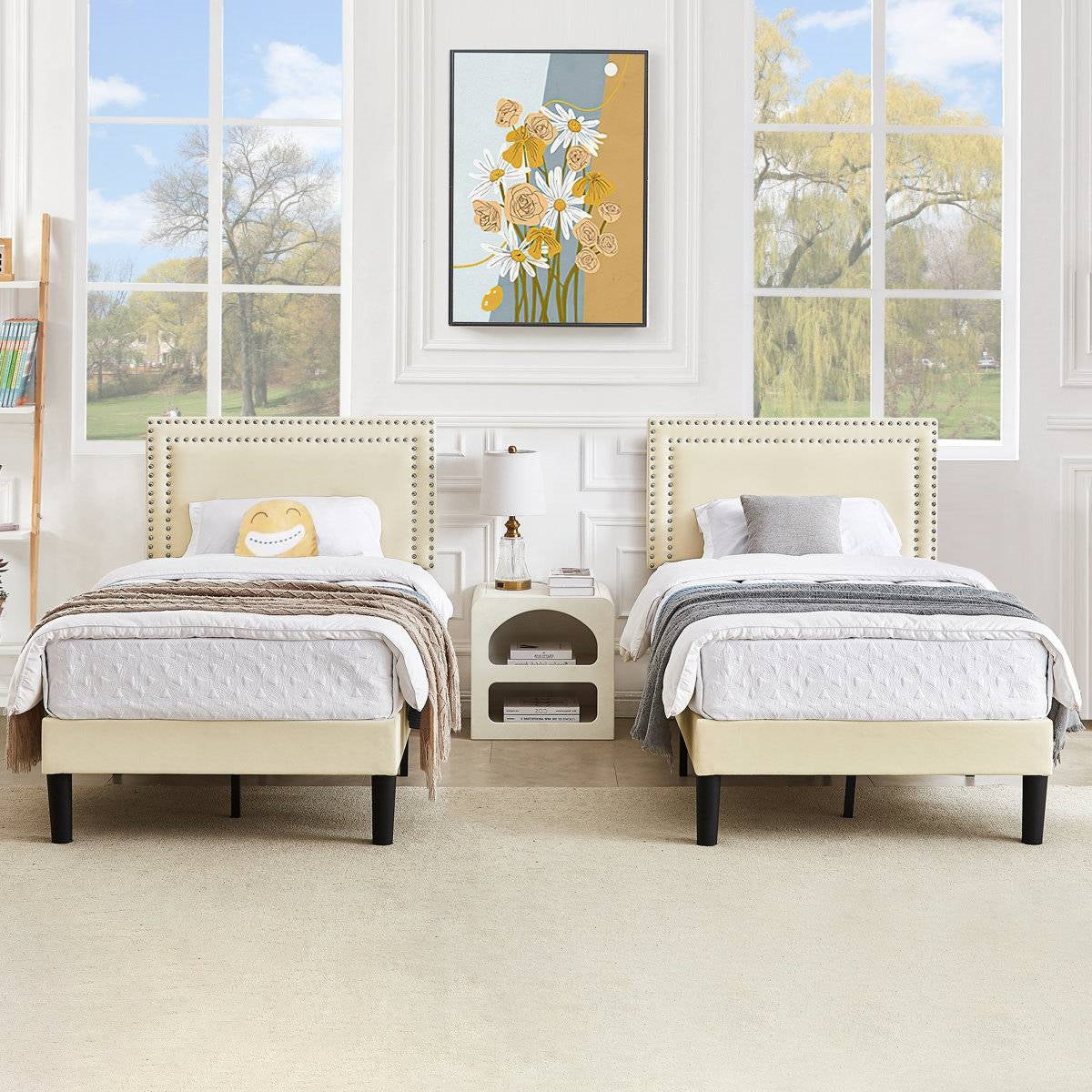 Twin Size - Set of 2 - Dorm Style Beige Tufted Upholstered Platform Beds-1