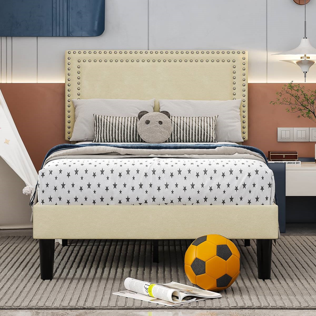 Twin Size - Set of 2 - Dorm Style Beige Tufted Upholstered Platform Beds-2