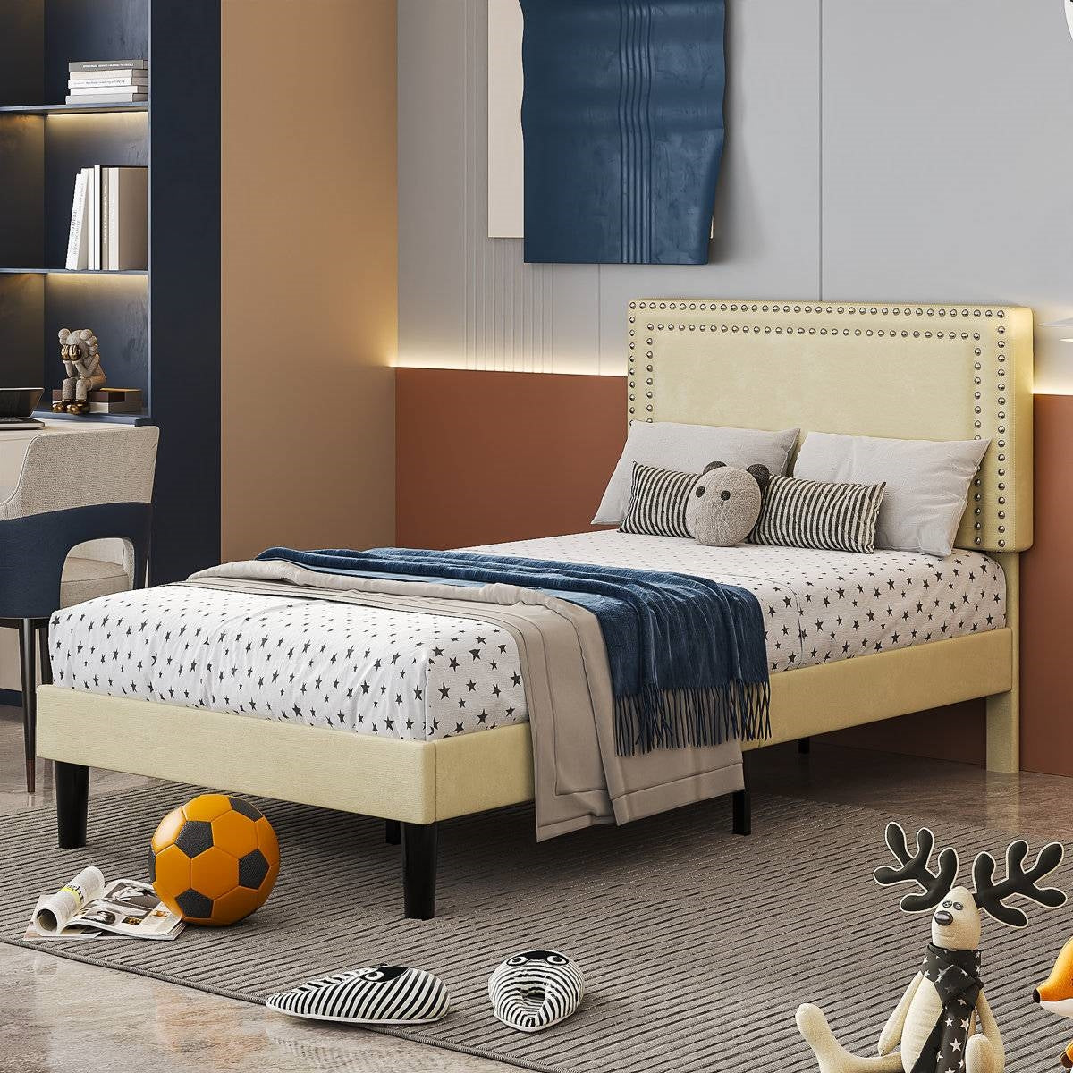 Twin Size - Set of 2 - Dorm Style Beige Tufted Upholstered Platform Beds-3