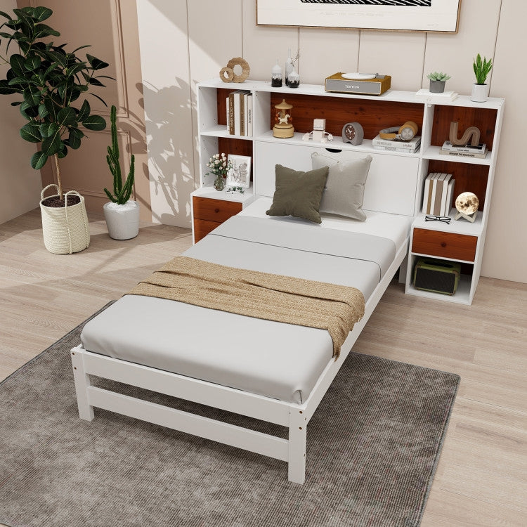 Twin Bed Frame with White Walnut Bookcase Storage Headboard and 2 Nightstands-2