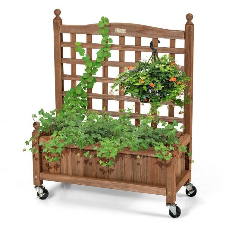 Solid Fir Wood Outdoor Raised Garden Bed Planter Box Cart on Wheels with Trellis - PRHOMZ