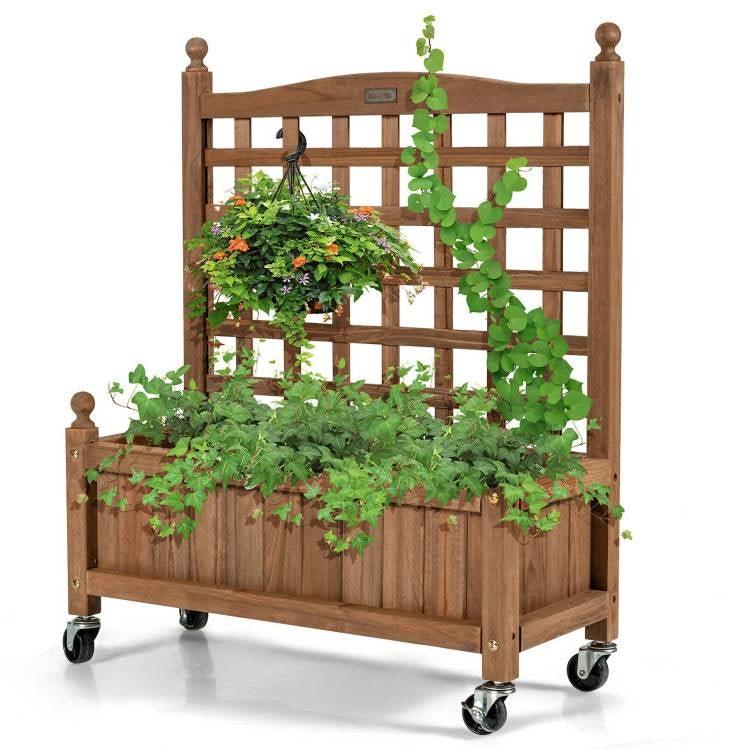 Solid Fir Wood Outdoor Raised Garden Bed Planter Box Cart on Wheels with Trellis - PRHOMZ
