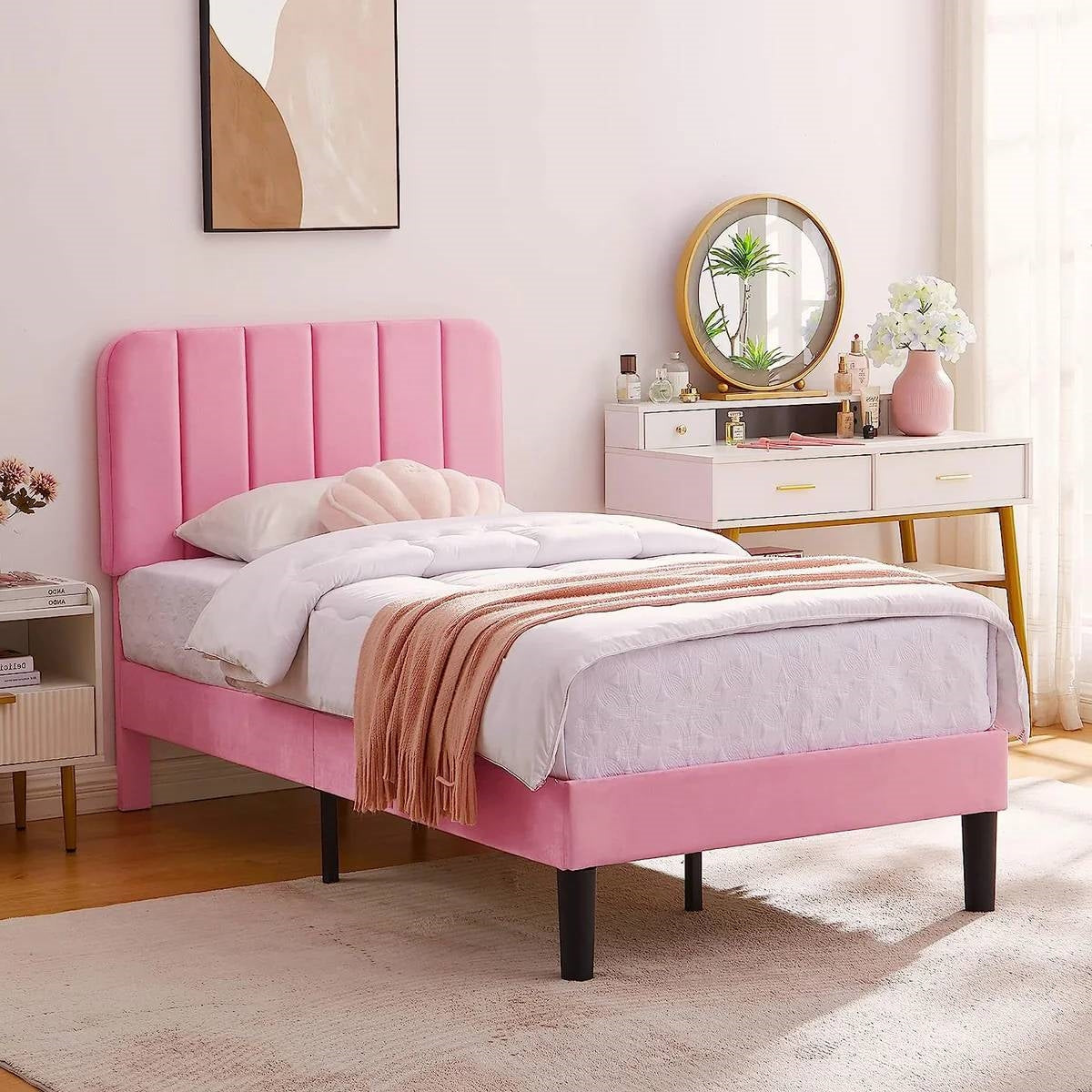 Twin size Pink Upholstered Platform Bed Frame with Headboard