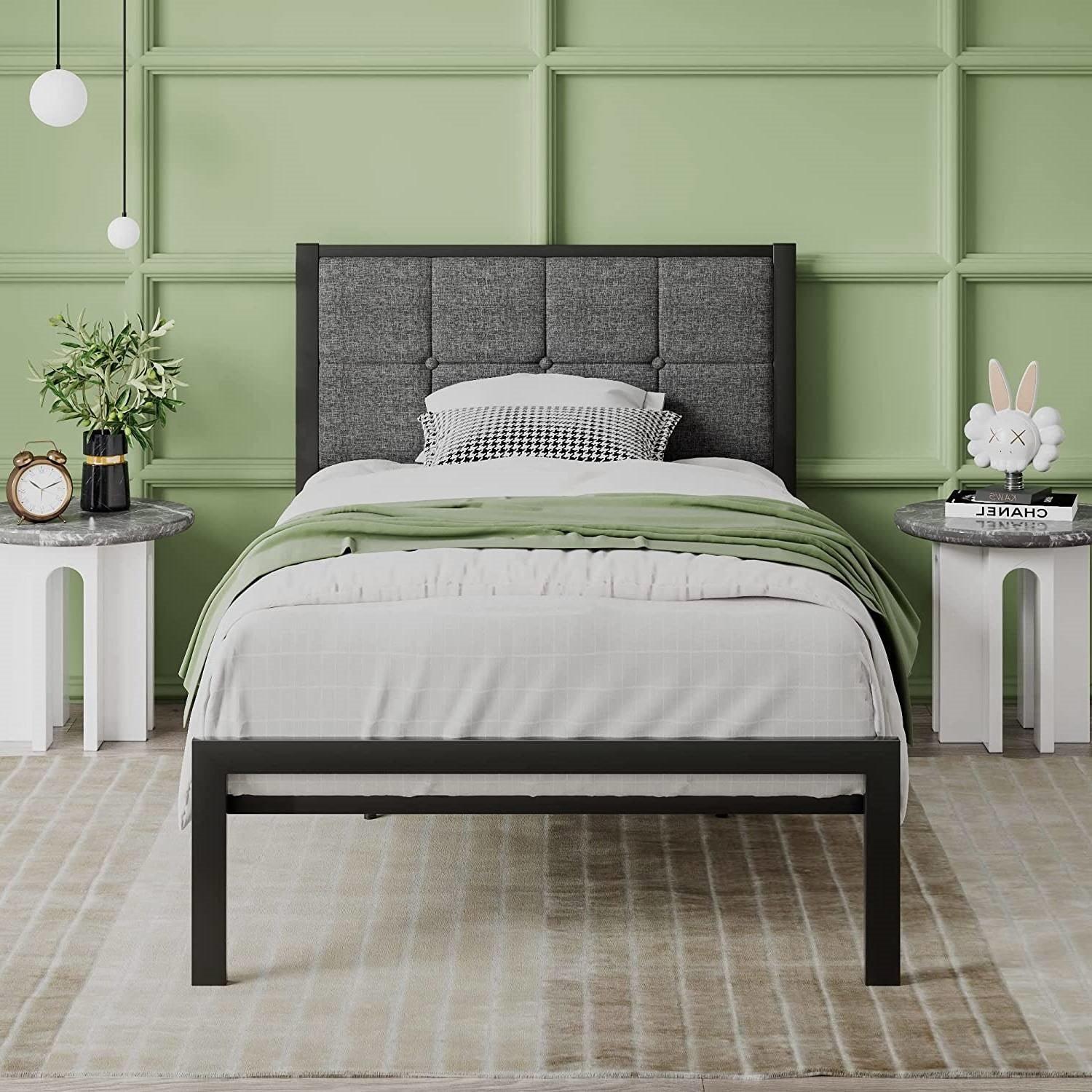 Twin Metal Platform Bed Frame with Gray Button Tufted Upholstered Headboard - PRHOMZ