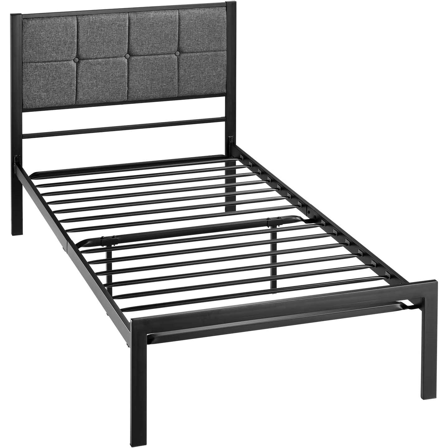 Twin Metal Platform Bed Frame with Gray Button Tufted Upholstered Headboard - PRHOMZ