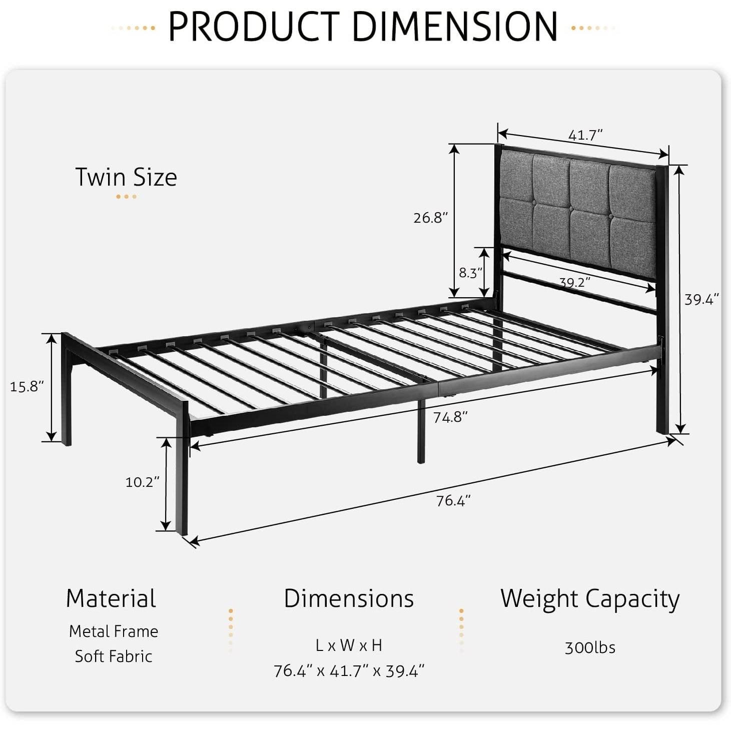 Twin Metal Platform Bed Frame with Gray Button Tufted Upholstered Headboard - PRHOMZ