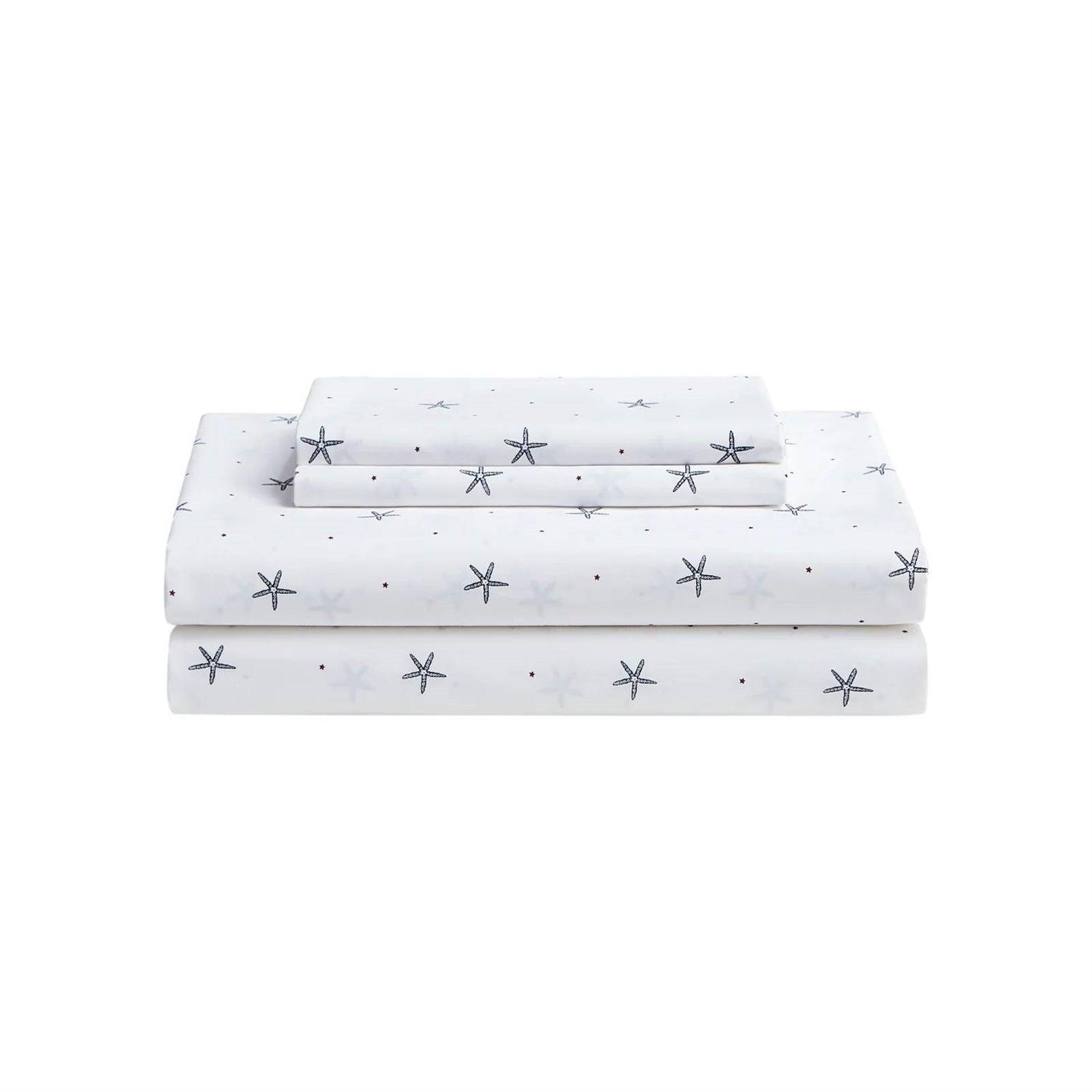 Twin size Coastal Beach Starfish White Navy Red 100-Percent Cotton Sheet Set - PRHOMZ