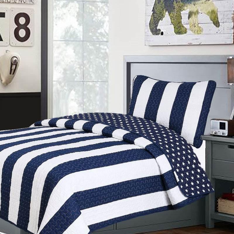 Twin 2 Piece Navy White Stars Stripes 100-Percent Cotton Reversible Quilt Set - PRHOMZ