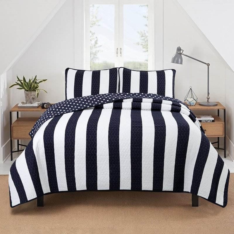 Twin 2 Piece Navy White Stars Stripes 100-Percent Cotton Reversible Quilt Set - PRHOMZ