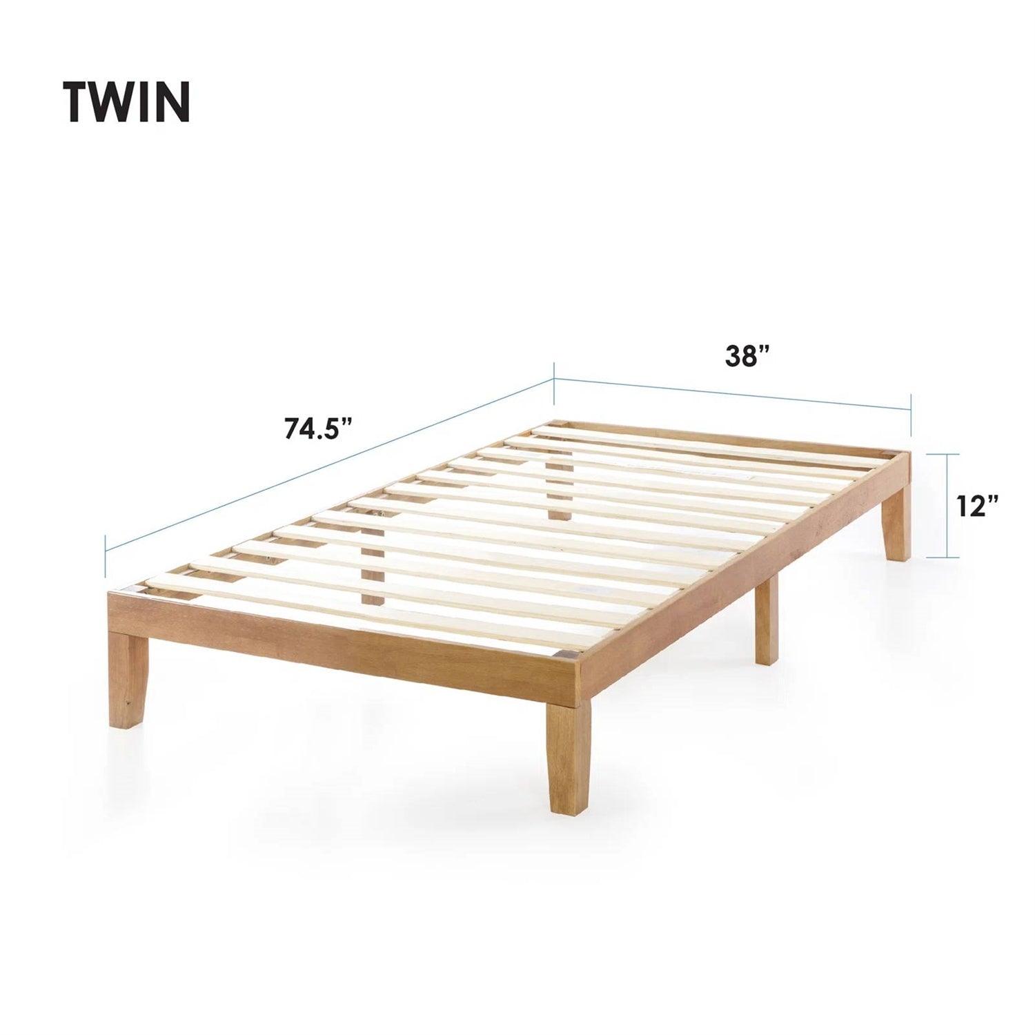 Twin size Solid Wood Platform Bed Frame in Natural Wooden Finish - PRHOMZ