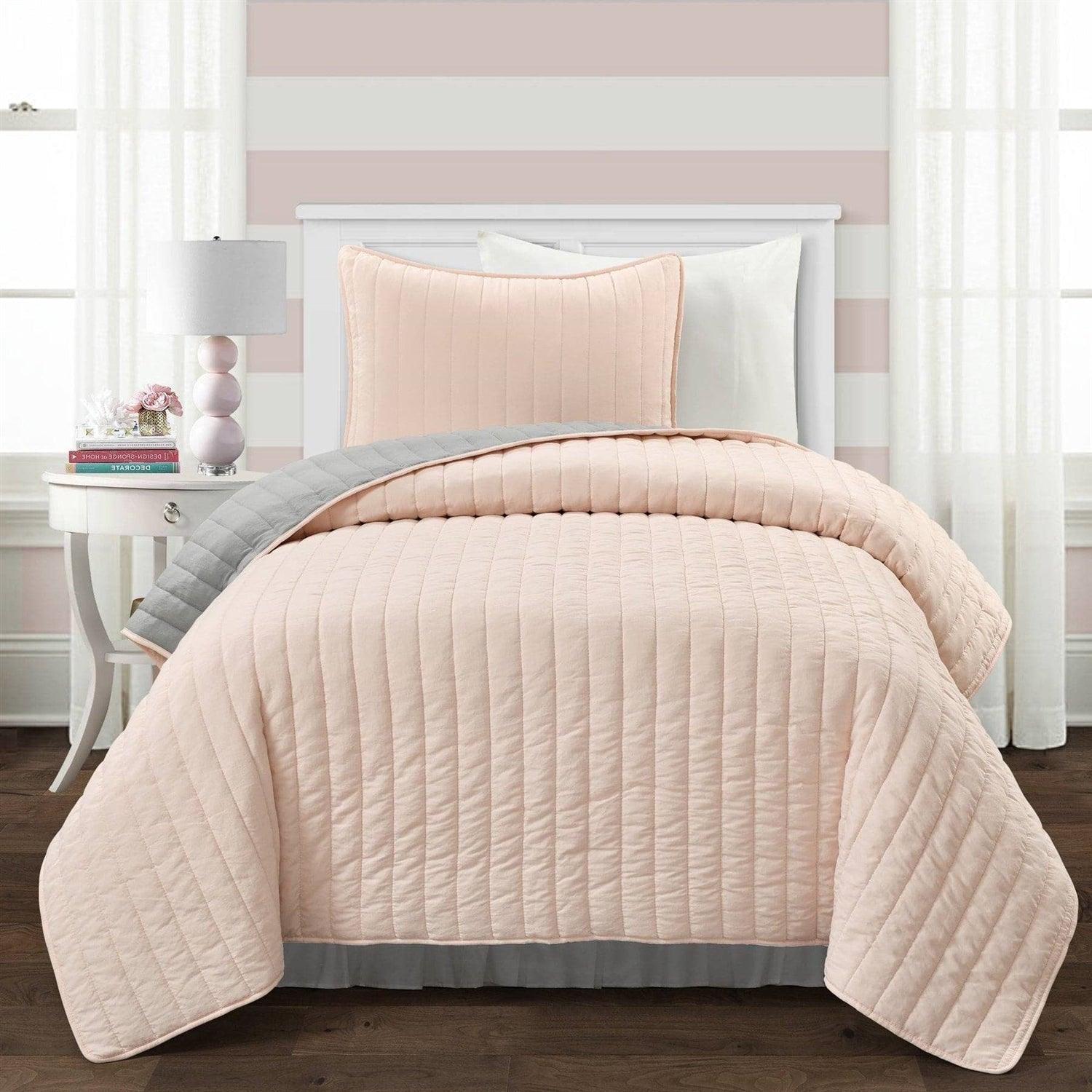 Twin/Twin XL Soft Reversible Lightweight Quilt Set in Rose Blush Pink and Grey - PRHOMZ