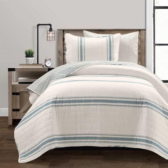 Twin/Twin XL Blue Off-White Stripe 2 Piece Reversible Cotton Quilt Set - PRHOMZ