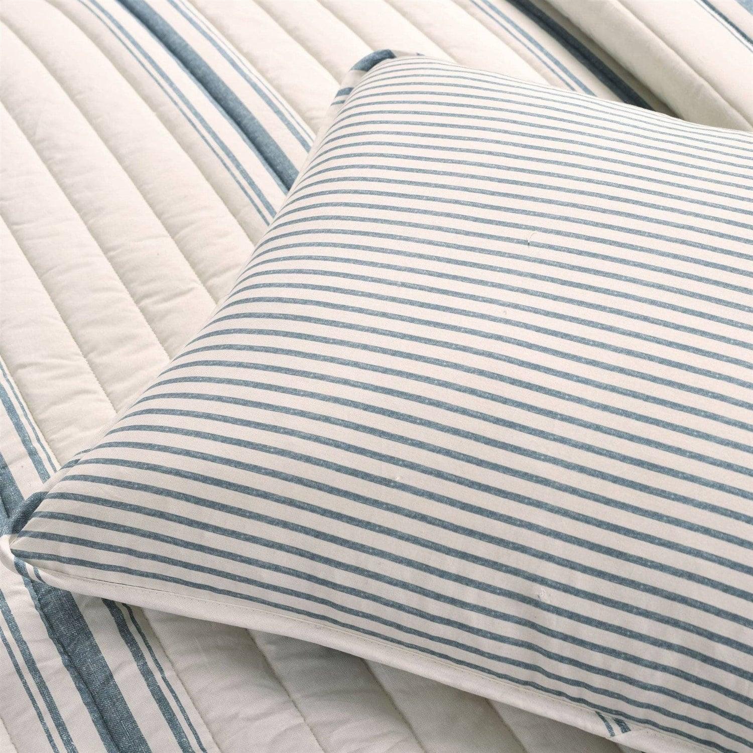 Twin/Twin XL Blue Off-White Stripe 2 Piece Reversible Cotton Quilt Set - PRHOMZ
