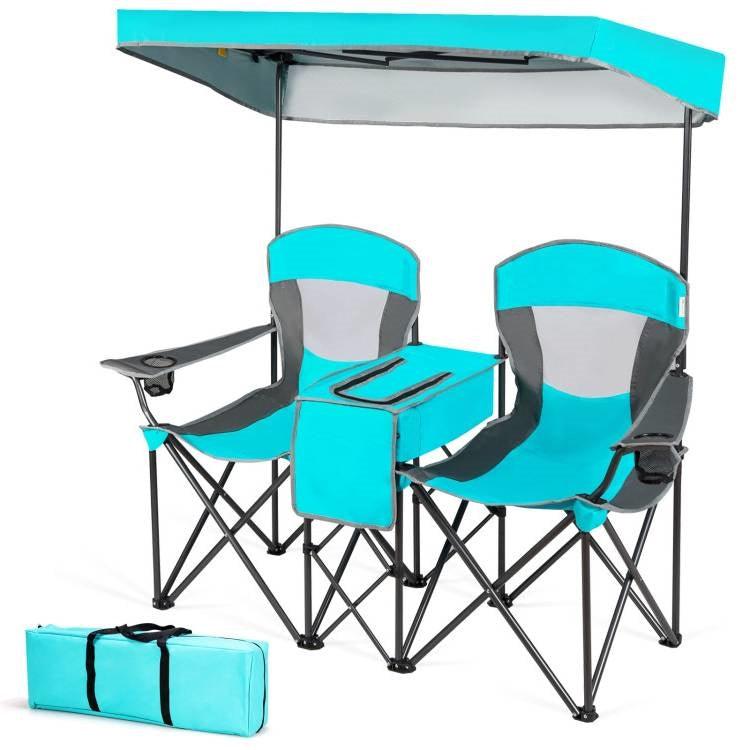 Turquoise Blue 2-Piece Folding Canopy Chair with Cup Holder and Storage Pocket - PRHOMZ