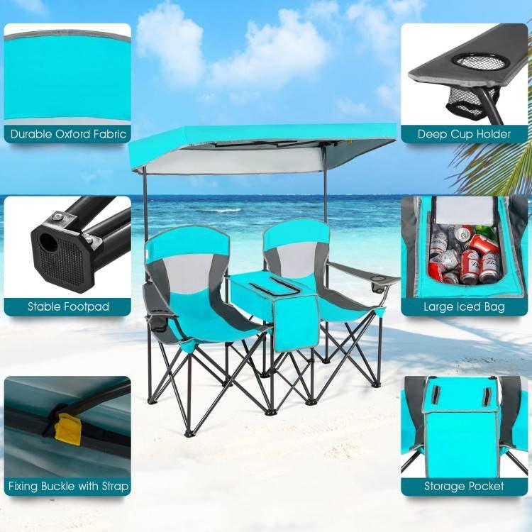 Turquoise Blue 2-Piece Folding Canopy Chair with Cup Holder and Storage Pocket - PRHOMZ