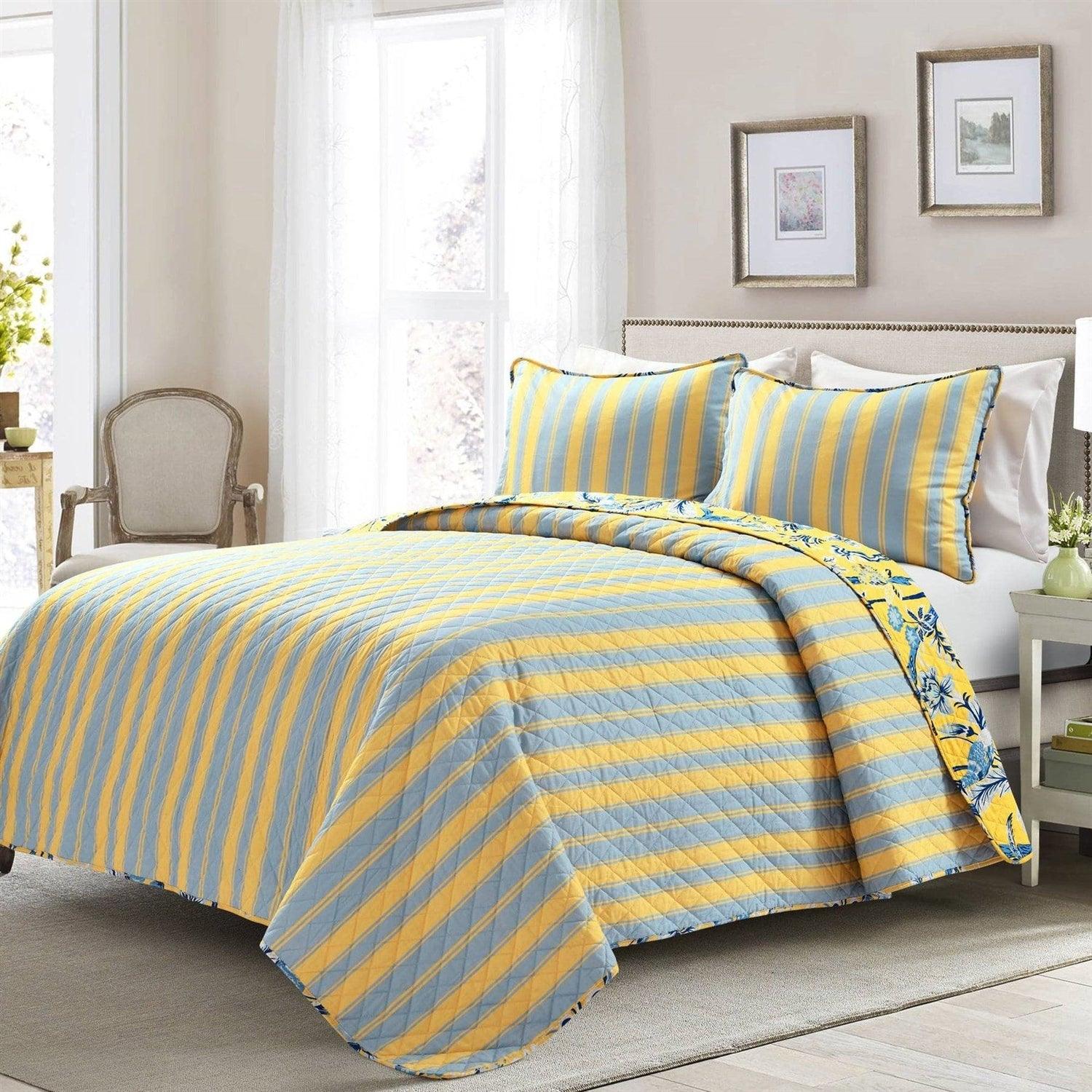 King Size Lightweight Peacocks Polyester Quilt Set Yellow Blue - PRHOMZ