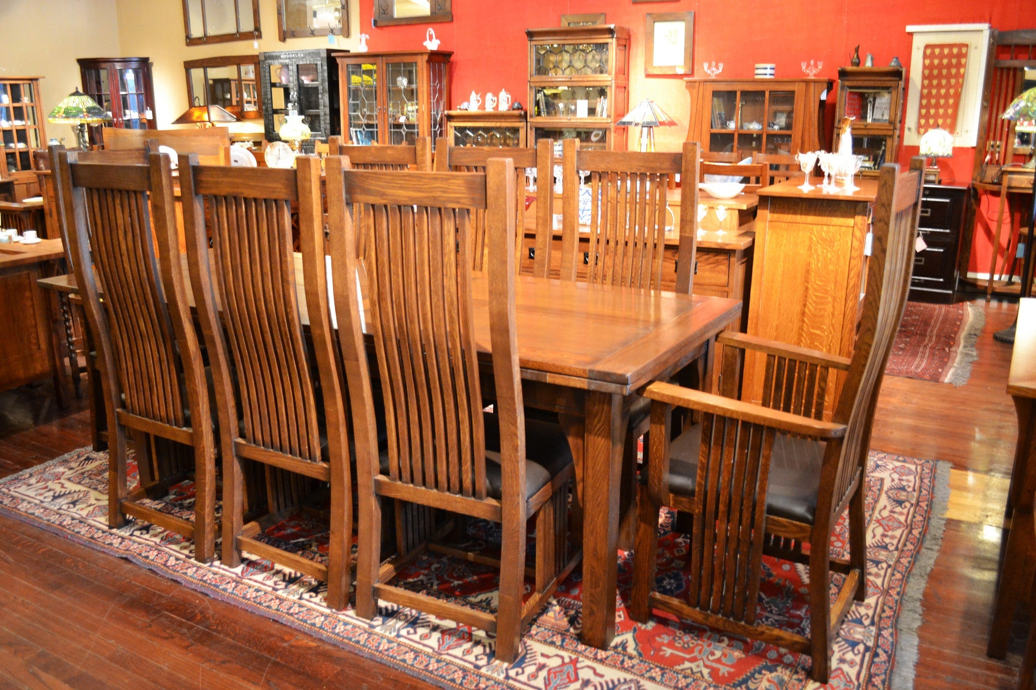 Set of 8 - Mission / Arts and Crafts Oak Curved High Back Dining Chairs