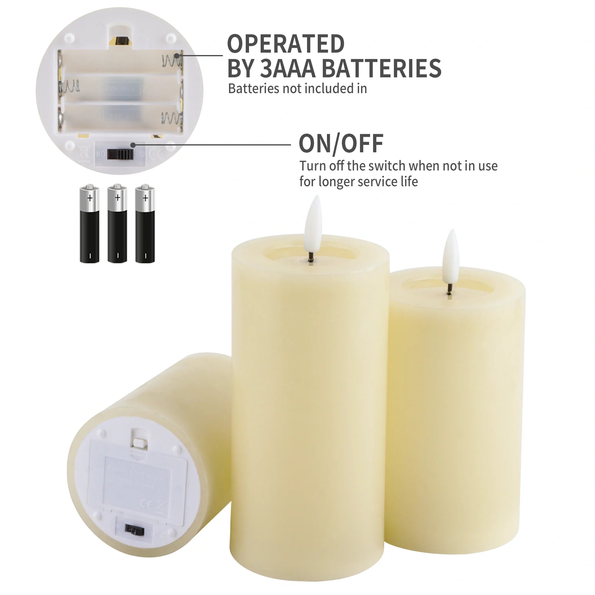 Set of 3 Flickering Flameless Candles Battery Operated