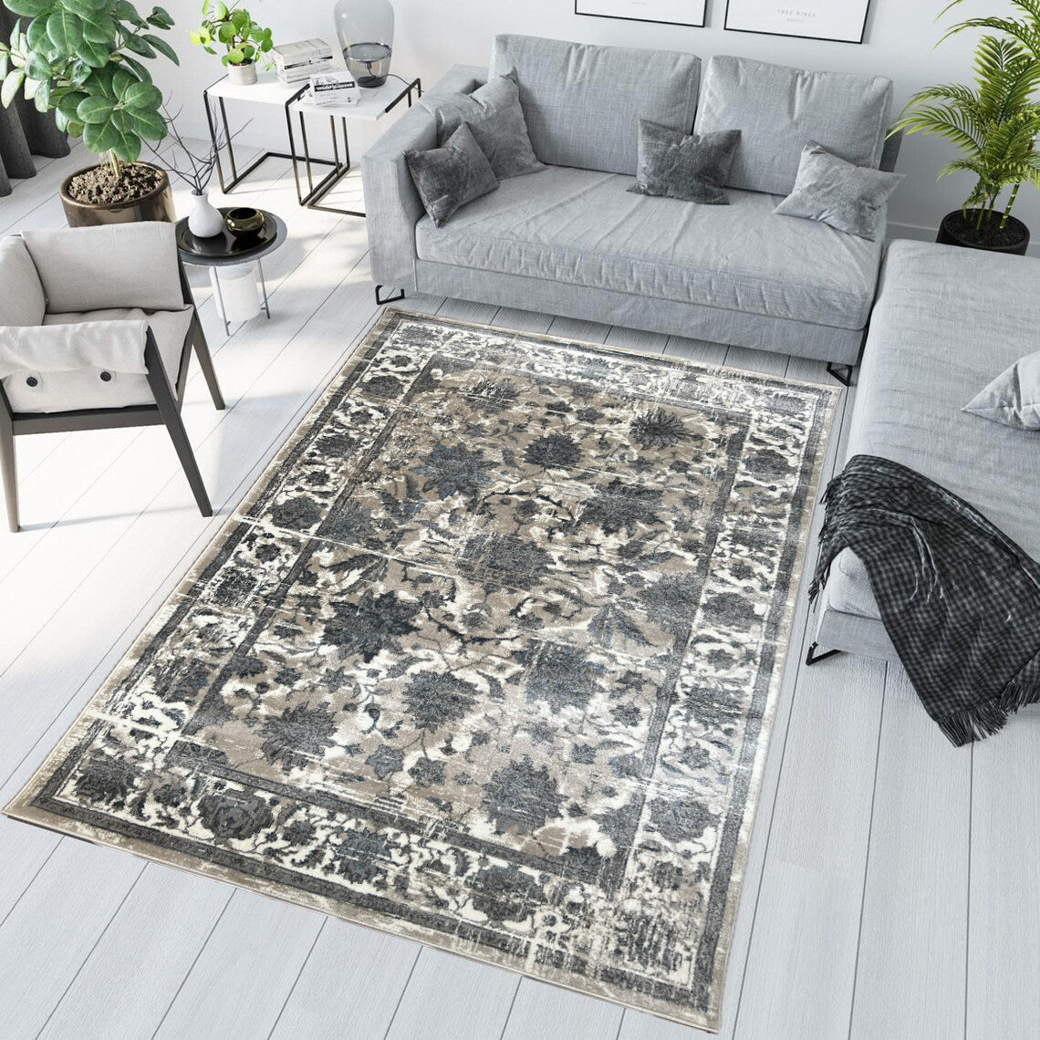 ROY's Home Navy Big Flower Area Rugs, Vintage Effect Lines