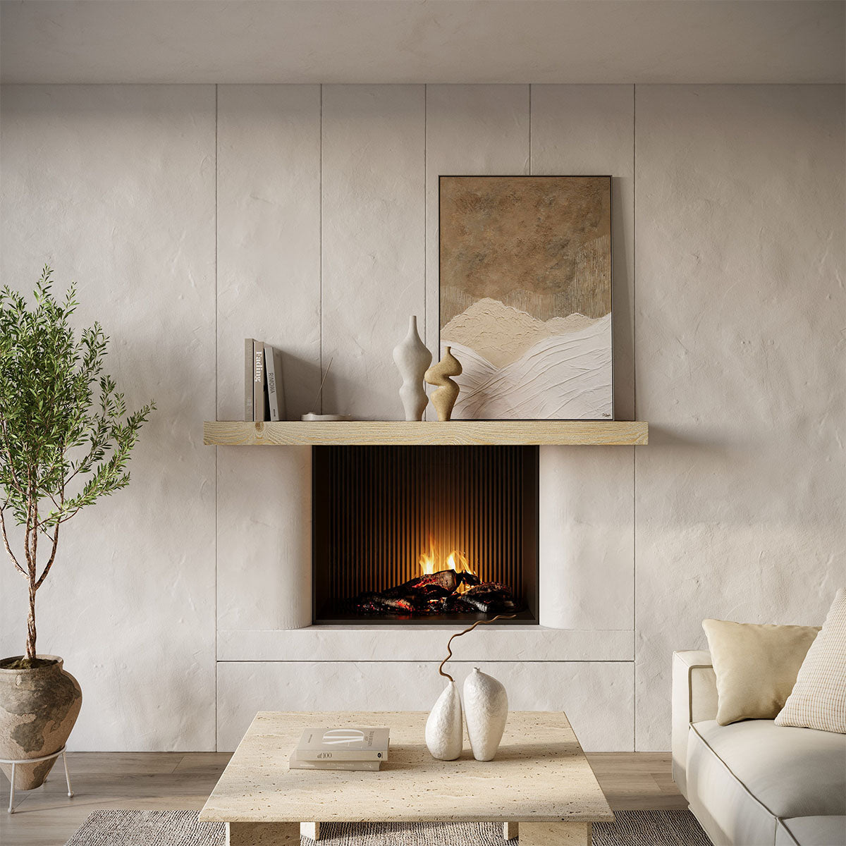 Textured Solid Floating Timber Fireplace Mantel Shelf