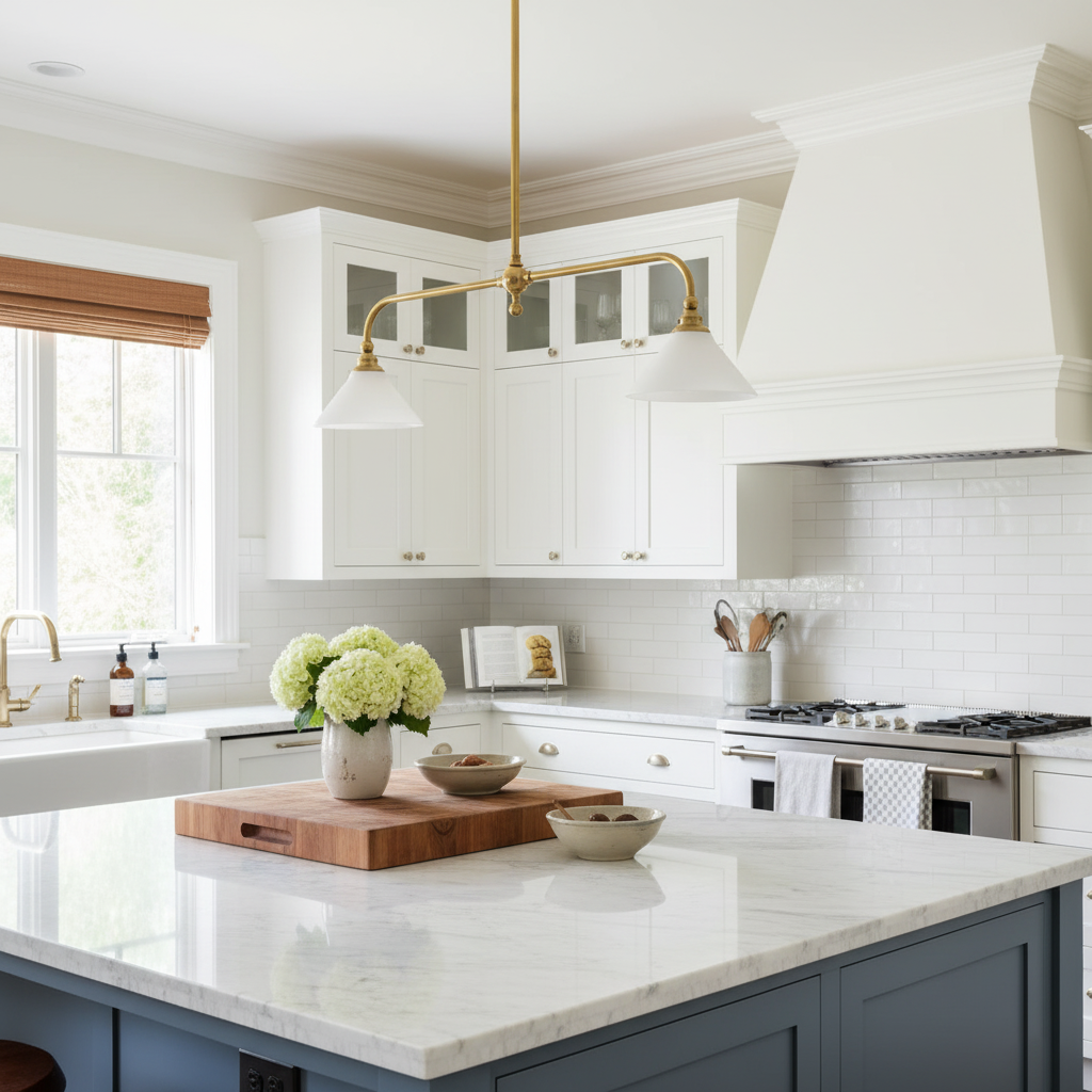 Brass Two-Head Pendant Light with Ceramic Shades | Kitchen Island Fixture