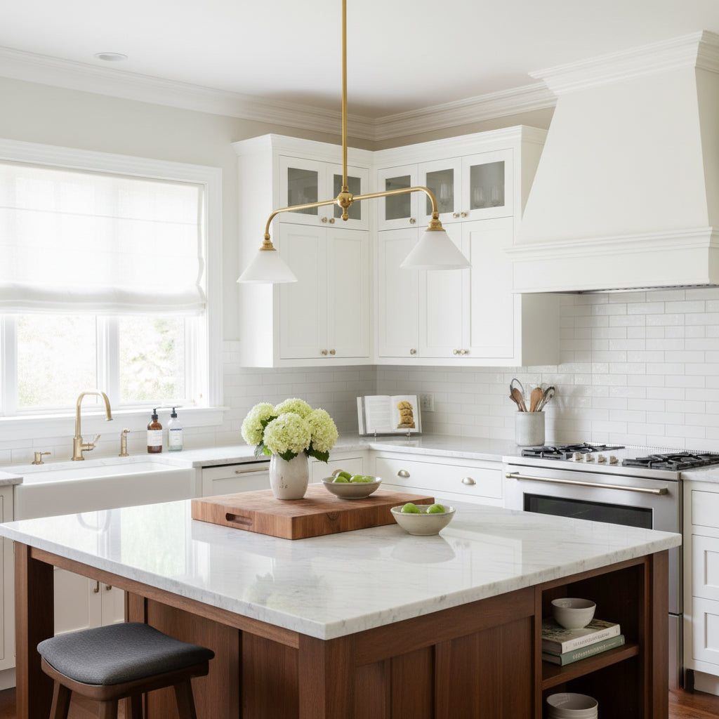 Brass Two-Head Pendant Light with Ceramic Shades | Kitchen Island Fixture