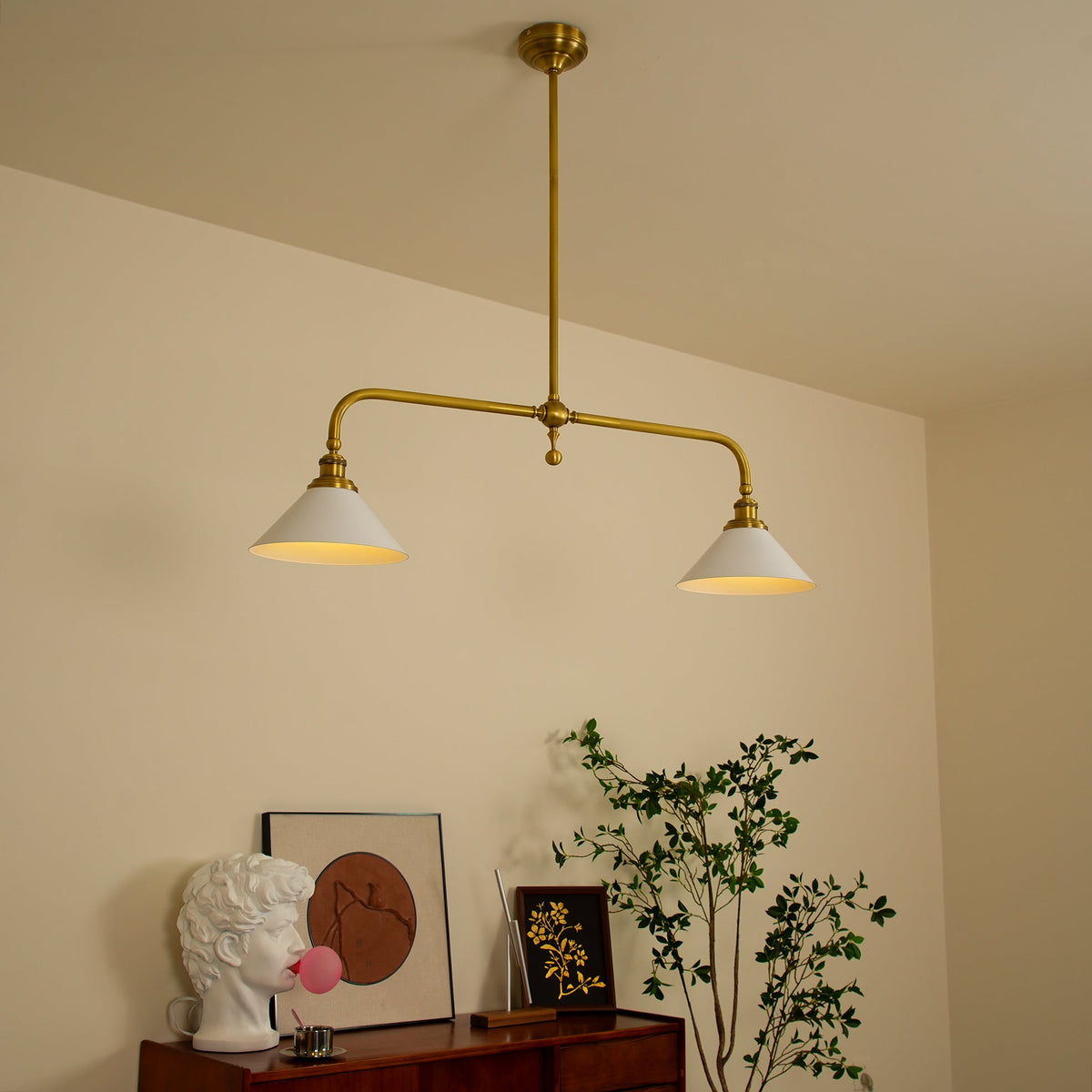 Brass Two-Head Pendant Light with Ceramic Shades | Kitchen Island Fixture