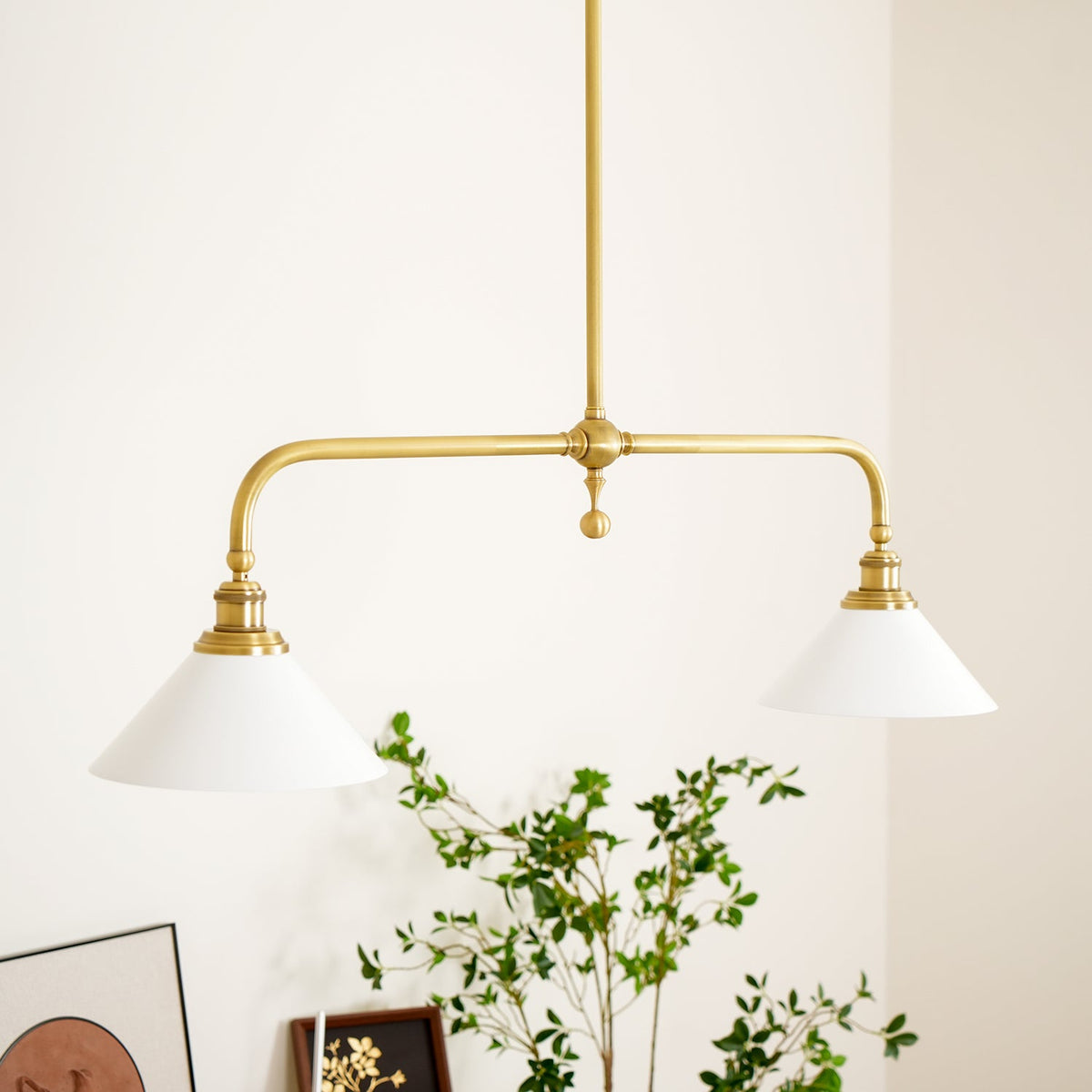 Brass Two-Head Pendant Light with Ceramic Shades | Kitchen Island Fixture