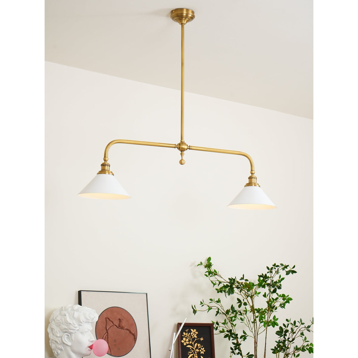 Brass Two-Head Pendant Light with Ceramic Shades | Kitchen Island Fixture