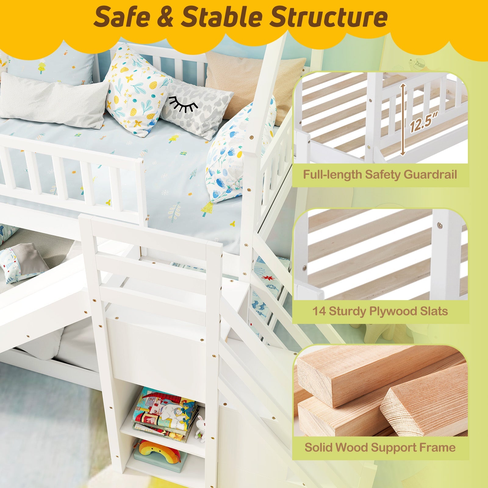 Twin Over Twin Bunk Bed with Slide and Staircase-White
