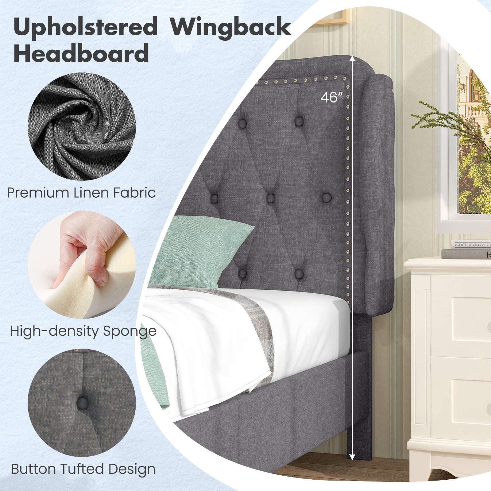 Twin Size Bed Frame with Button Tufted Wingback Headboard and Storage Space-Gray