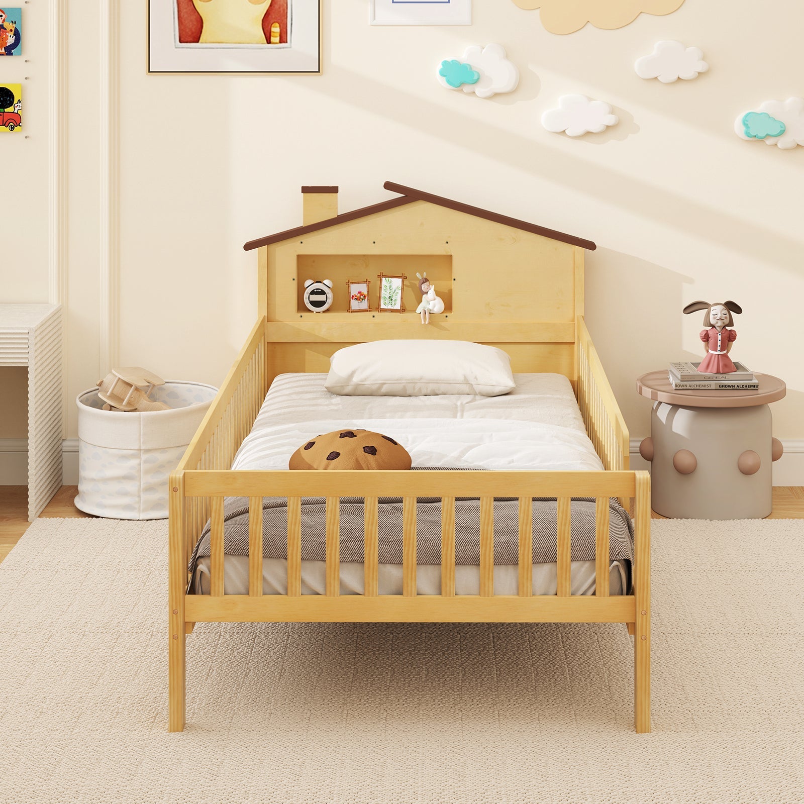 Twin Size Kids Montessori Bed with House-Shaped Headboard and Built-in Storage Shelf-Natural