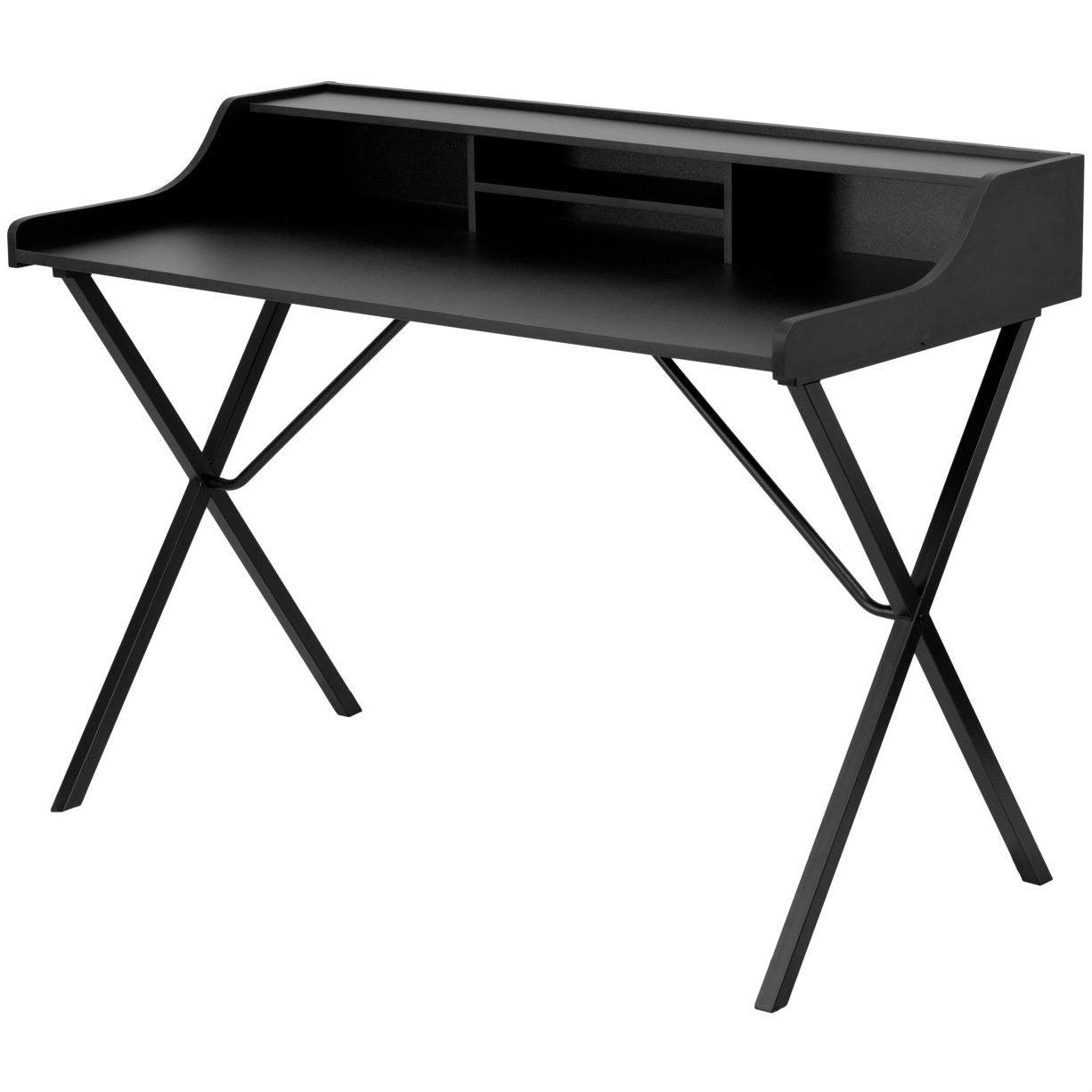Modern Black Office Table Computer Desk with Raised Top Shelf - PRHOMZ