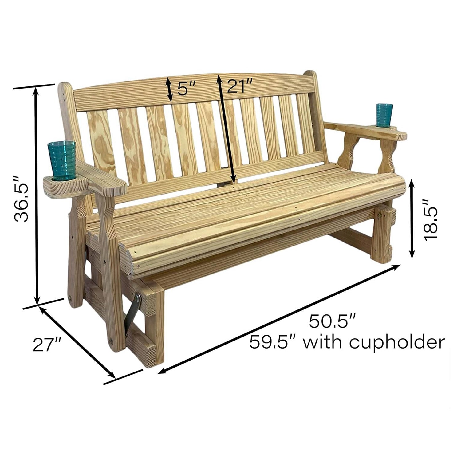 4ft Heavy Duty Unfinished Wood Porch Glider Bench with Cupholders - Made in USA-1