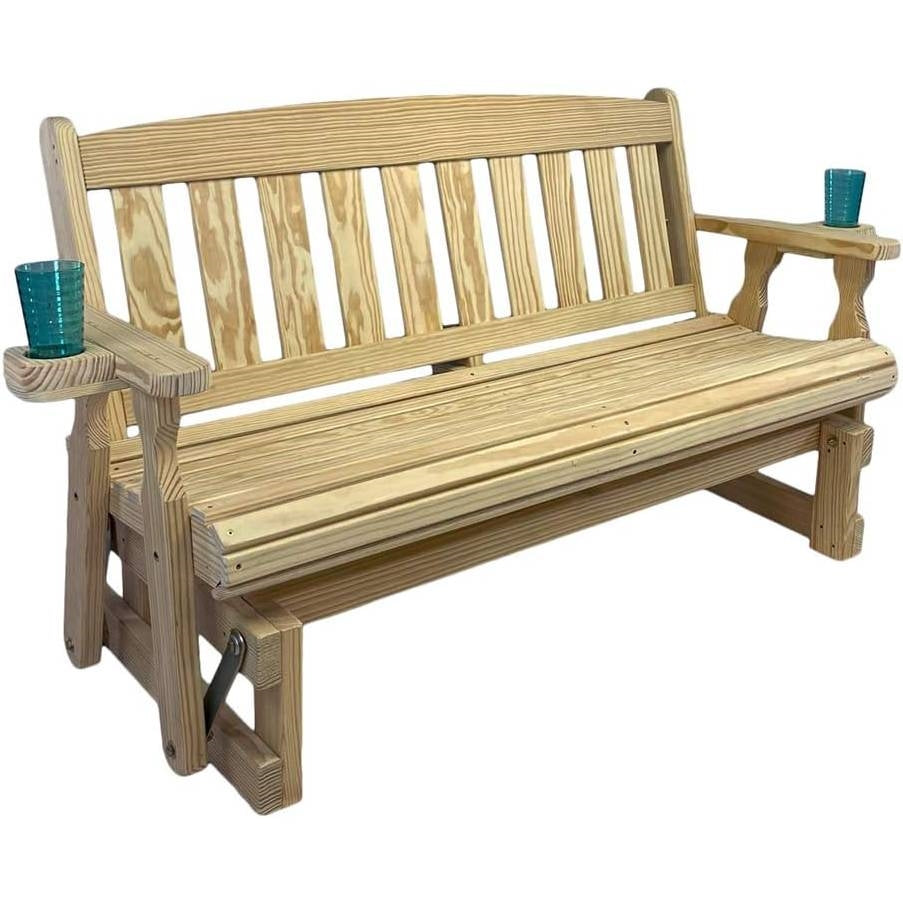 4ft Heavy Duty Unfinished Wood Porch Glider Bench with Cupholders - Made in USA-2