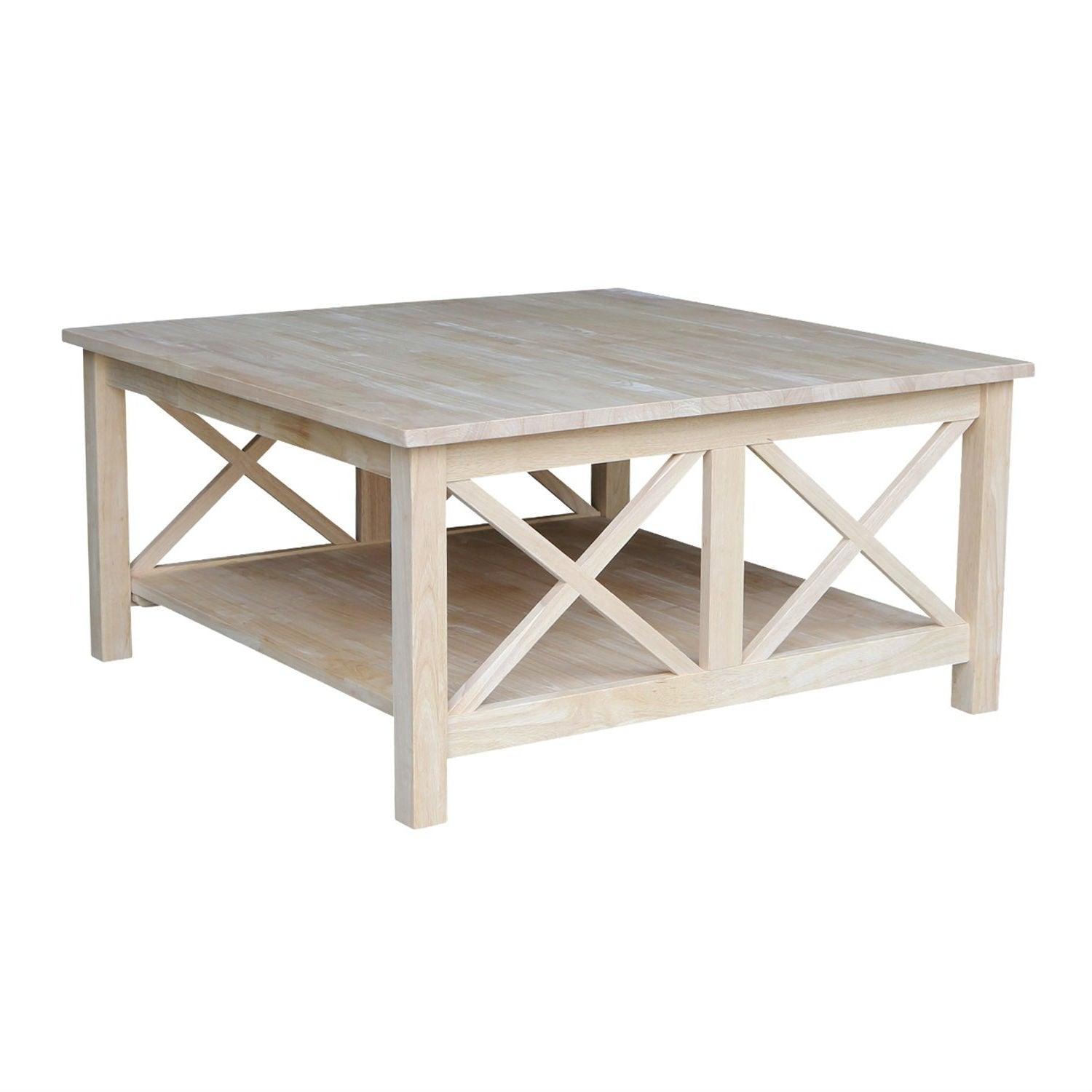 Square Unfinished Solid Wood Coffee Table with Bottom Shelf - PRHOMZ