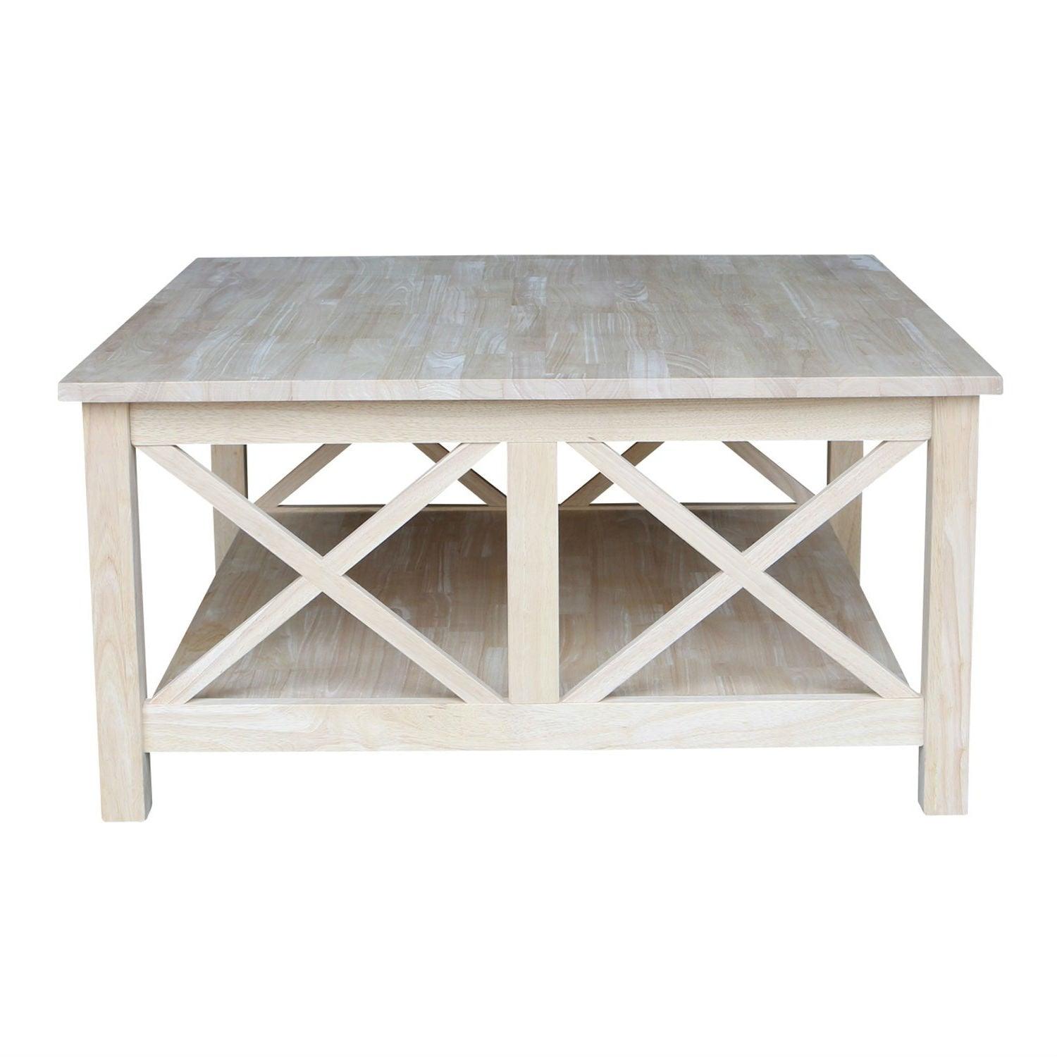 Square Unfinished Solid Wood Coffee Table with Bottom Shelf - PRHOMZ