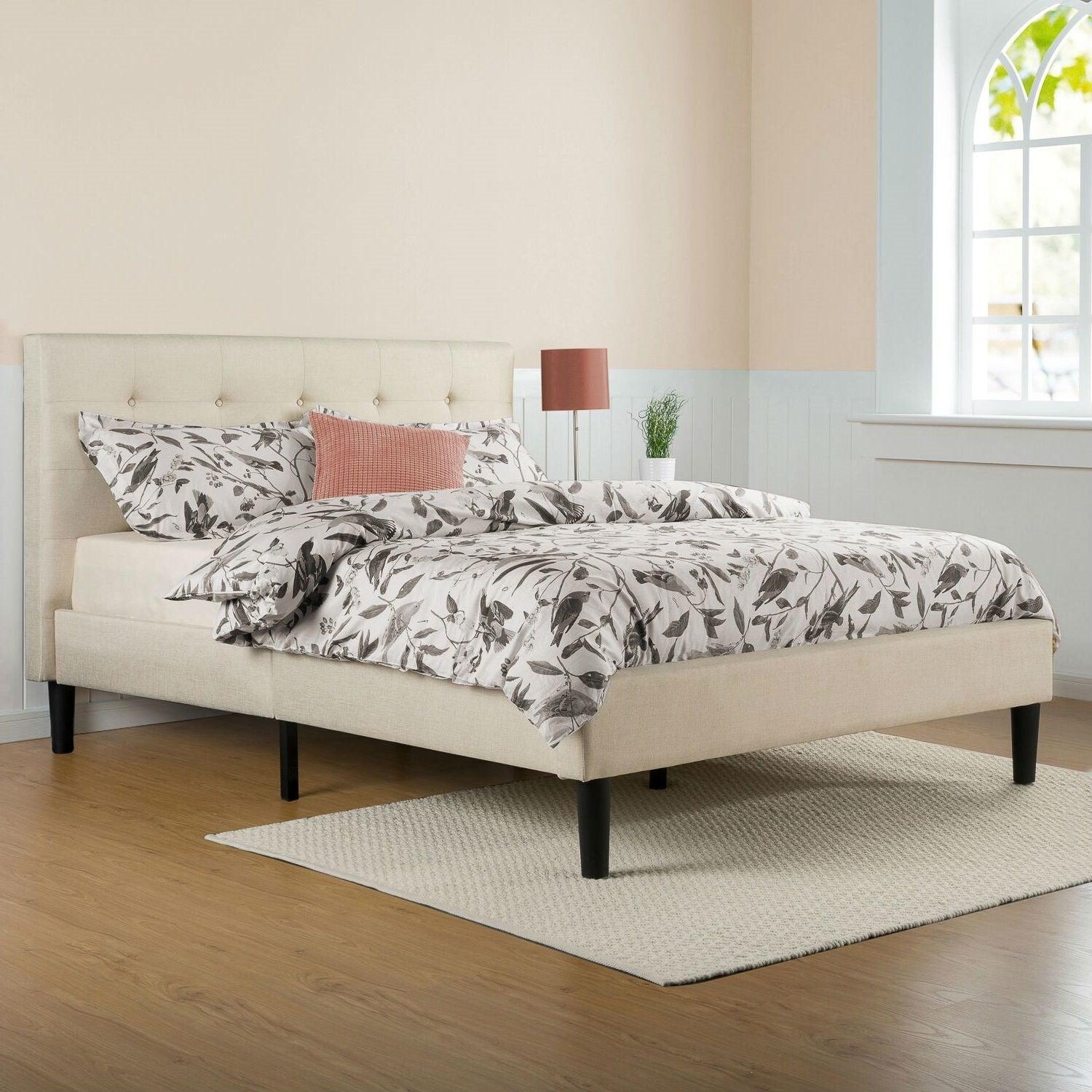 Queen size Taupe Beige Upholstered Platform Bed Frame with Headboard - PRHOMZ
