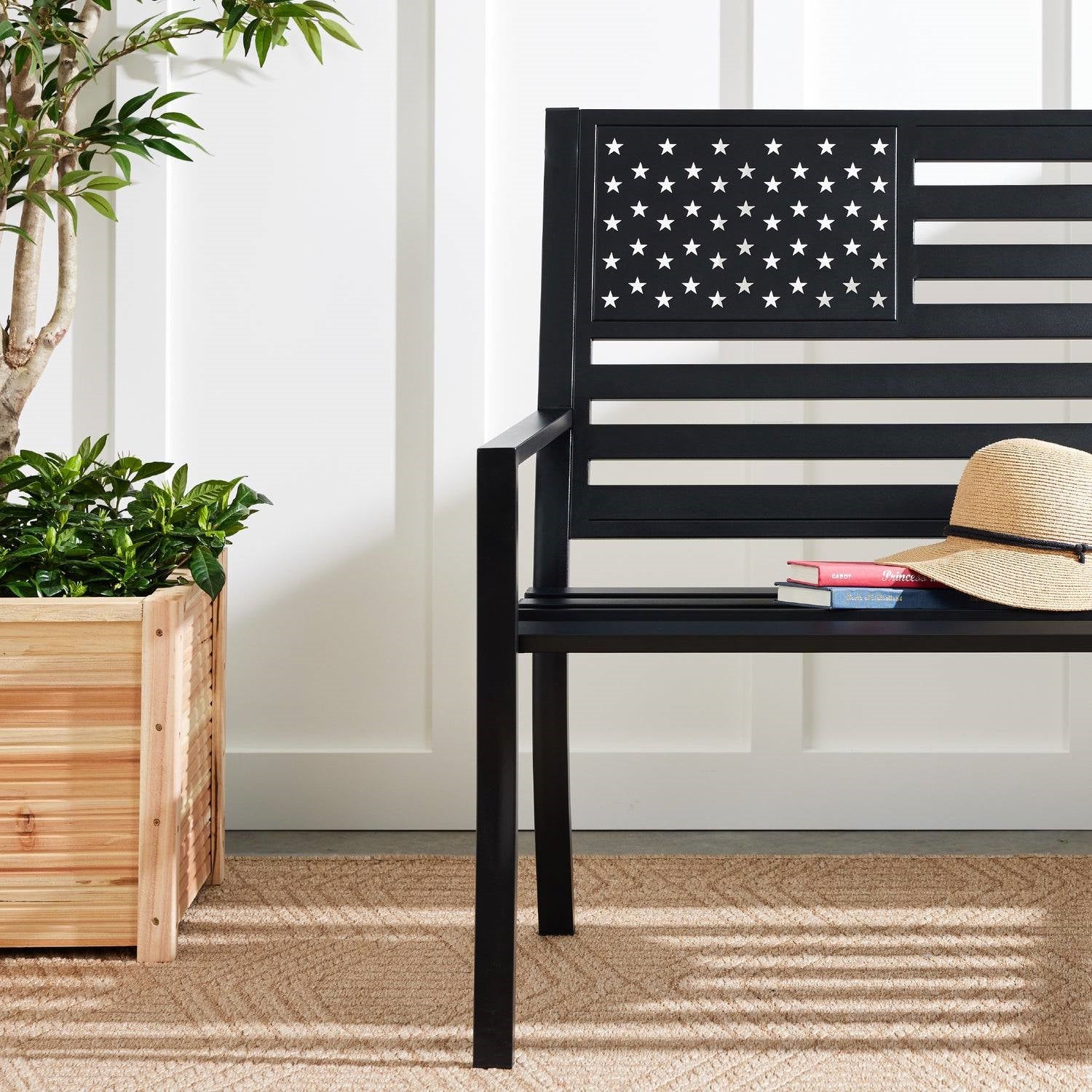 2 Person Patriotic USA Black Metal Bench with American Flag Backrest