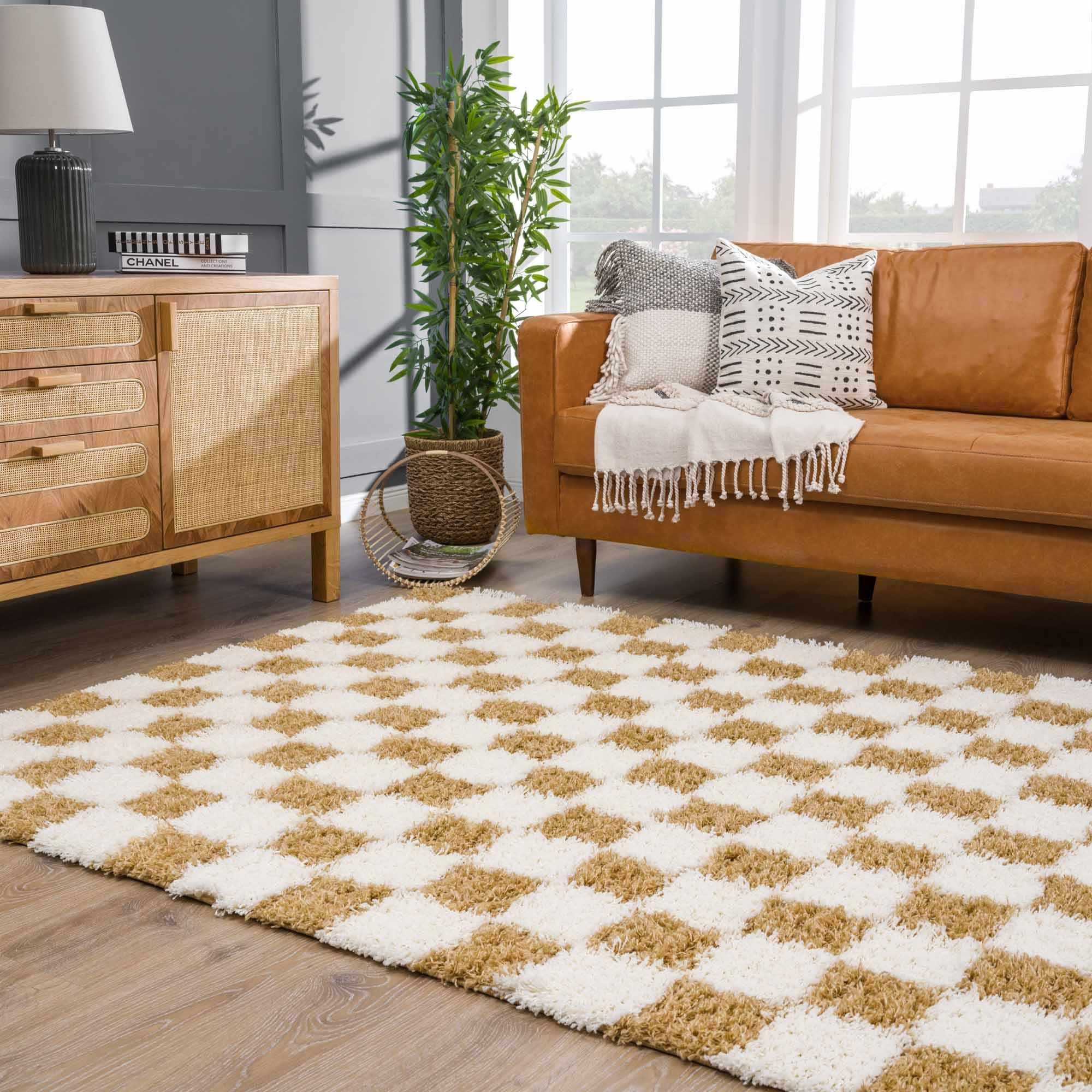 Atira Mustard Checkered Area Rug - PRHOMZ